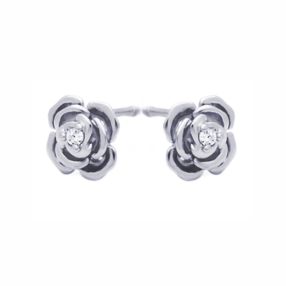Sterling Silver Rhodium Plated Rose Cubic Zirconia Stud Screw Back Earrings for Women - Hypoallergenic Elegant Jewelry Gift for Wedding, Anniversary & Everyday Wear