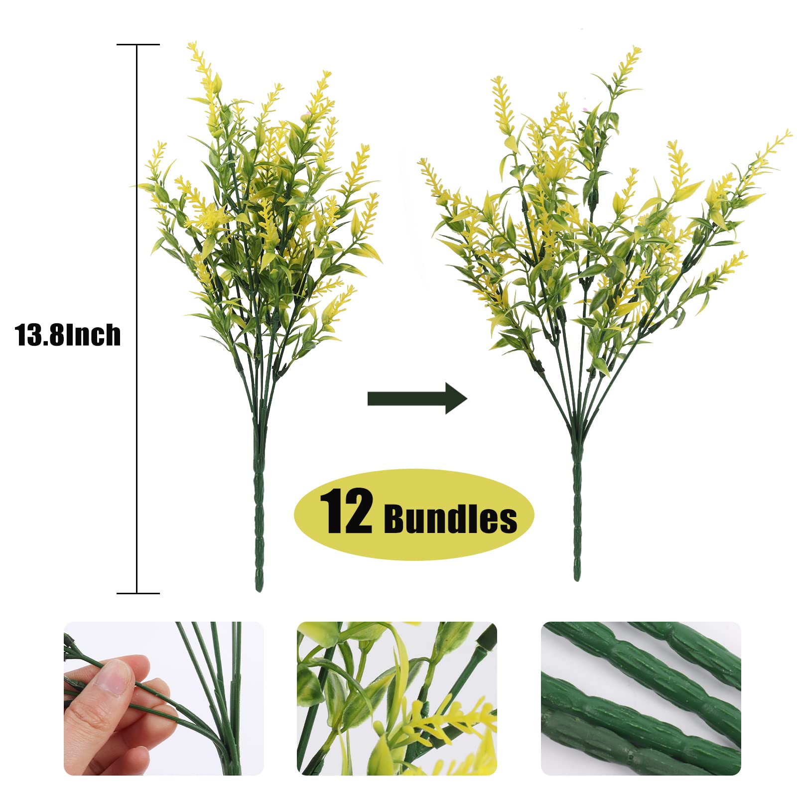 12 Pack UV Resistant Artificial Flowers Outdoor Fake Plants - Bulk Plastic Faux Flowers for Hanging Planters, Porch Vases, Window Decor - Spring Summer Home Garden Decoration (Yellow)
