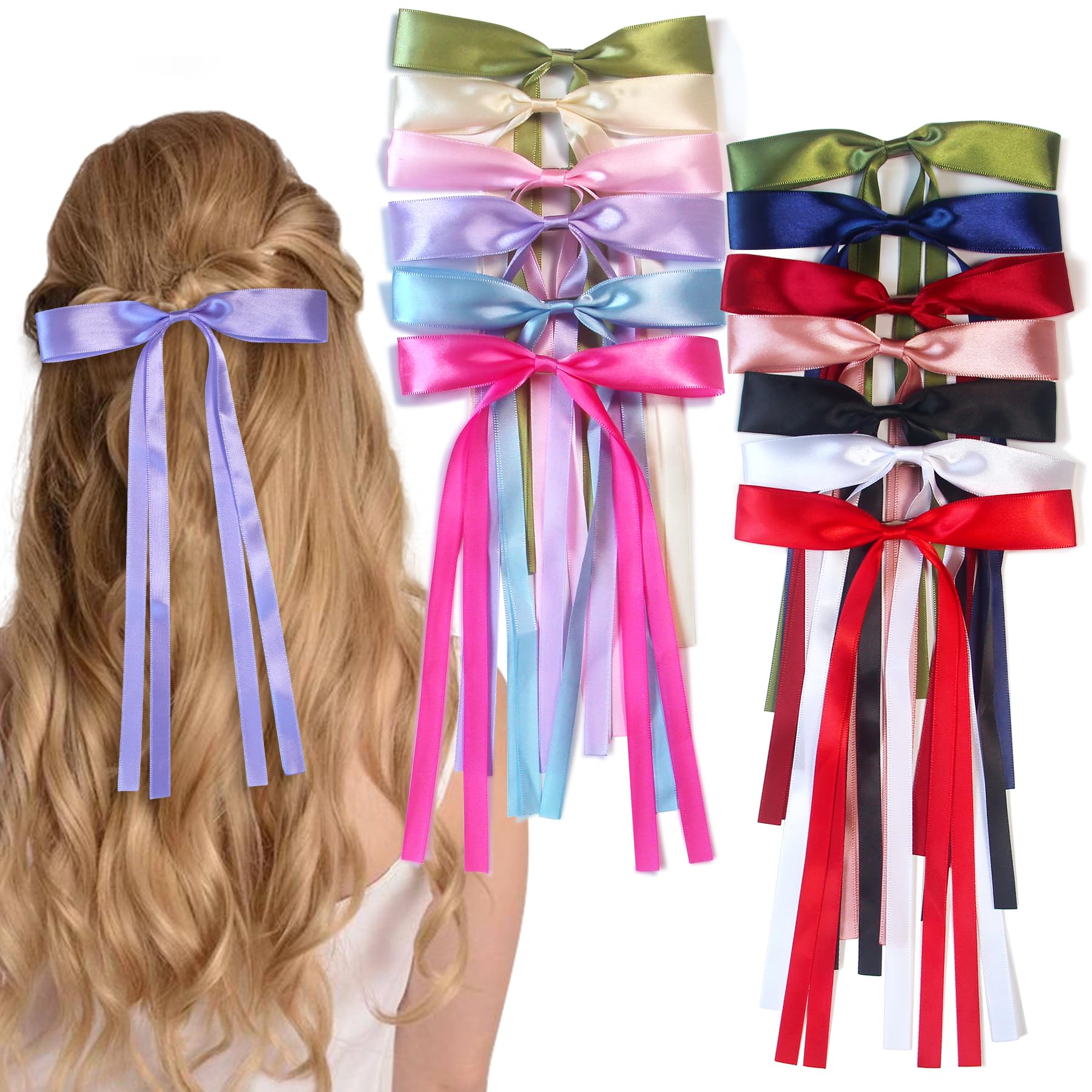 13pcs Elegant Hair Bows for Women & Girls - Long Tail Tassel Bowknot Hair Clips - Perfect for Weddings, Parties & Everyday Styling