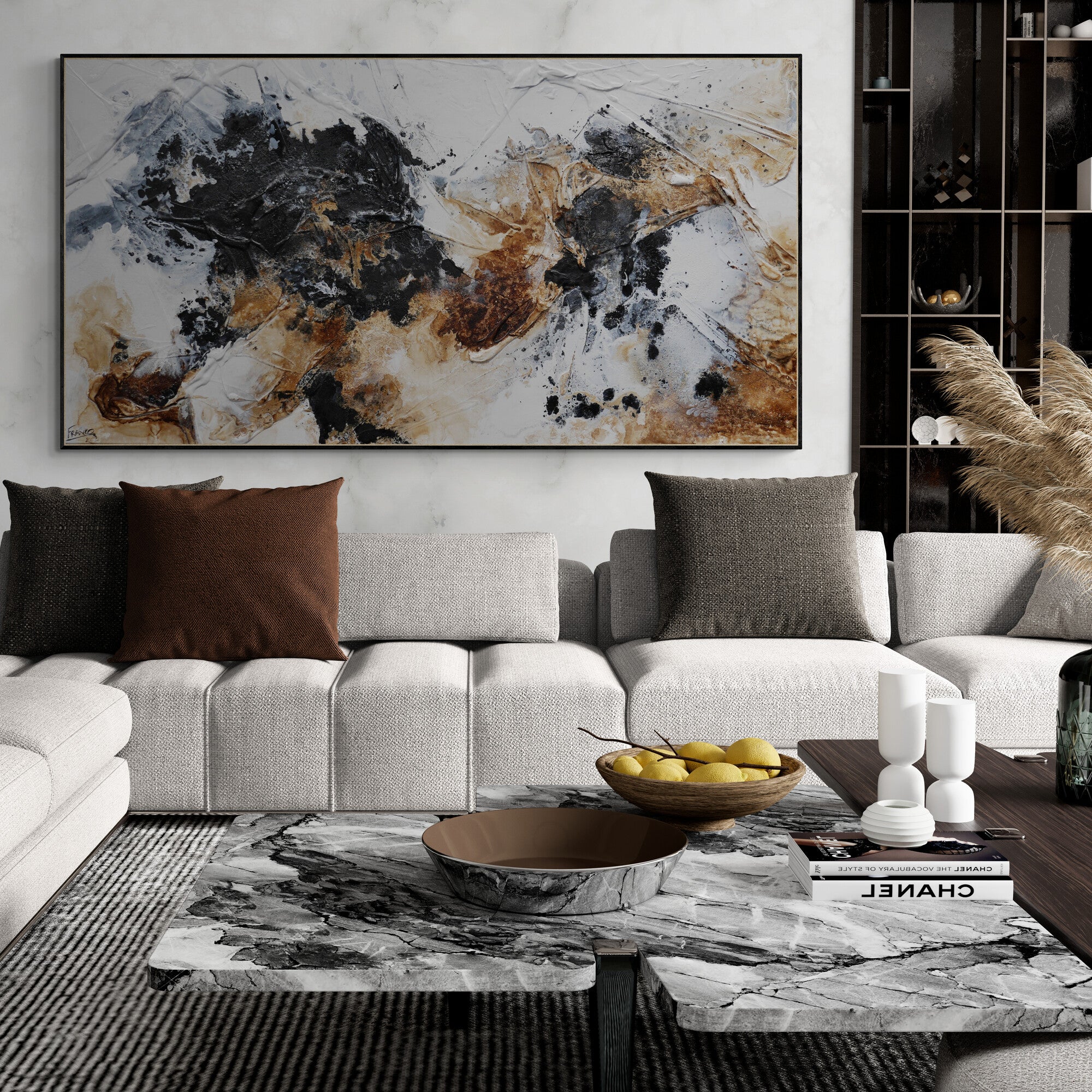 190cm x 100cm Modern Abstract Textured Painting in Rust Black Slate White - Perfect for Living Room, Bedroom or Office Wall Decor