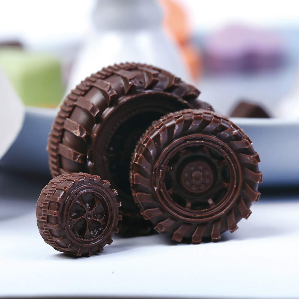 4-Piece 3D Round Tire Chocolate Candy Mold Set - Silicone Truck Wheel & Car Tyre Cake Fondant Molds for Baking, Sugarcraft, Resin, Polymer Clay & Soap Making - Perfect for Birthday Cakes, Cupcake Toppers & DIY Crafts