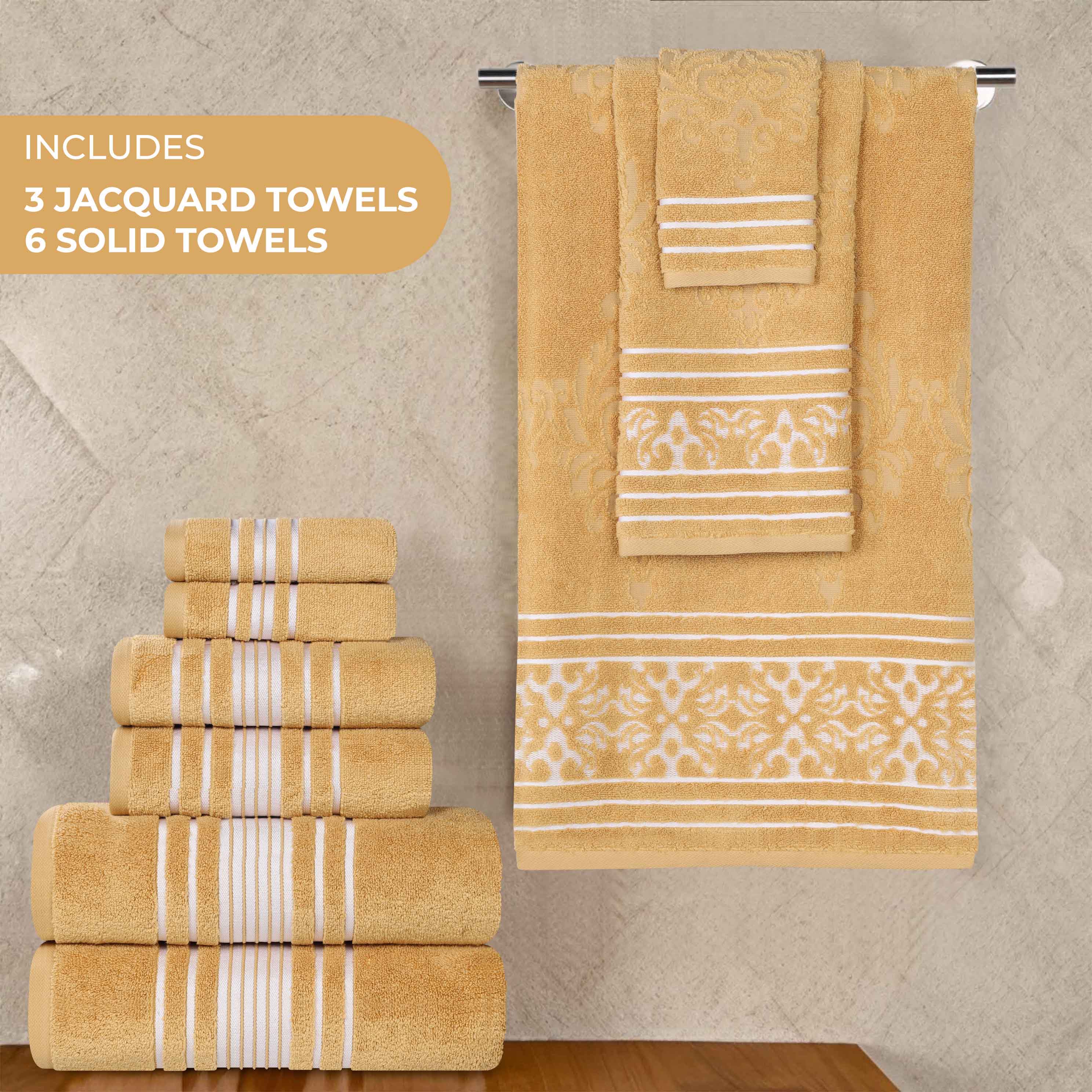 Premium 9-Piece Sadie Zero Twist Cotton Towel Set - Solid & Jacquard Floral Design | Ultra Soft & Absorbent Bath Towels, Hand Towels & Washcloths | Perfect for Spa, Bathroom & Luxury Home Decor
