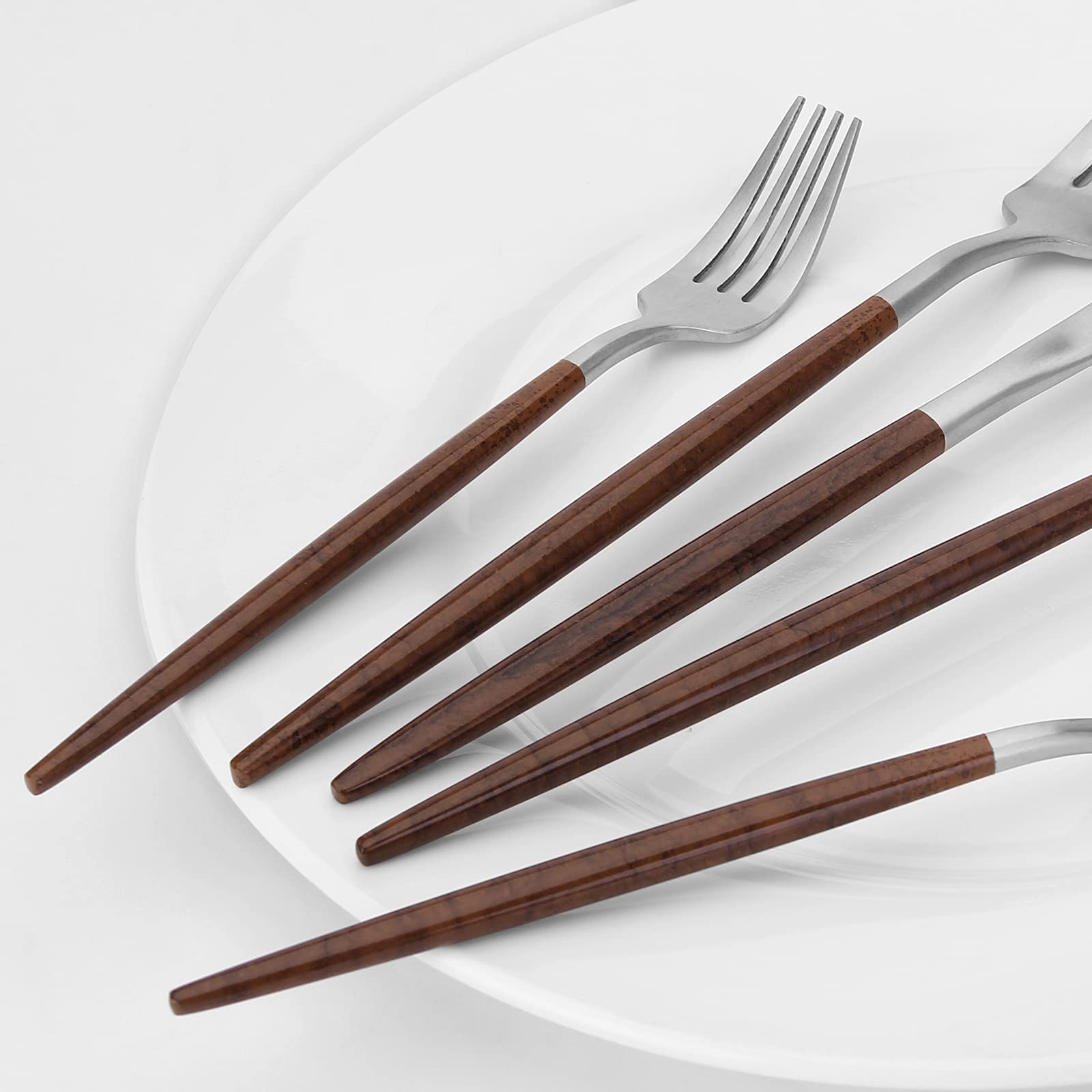 Premium Matte Silver 20-Piece Stainless Steel Cutlery Set with Brown Handles - Vanys Satin Finished Flatware for 4 - Includes Knives, Spoons & Forks - Perfect for Dinner Parties, Wedding Gifts & Upscale Dining