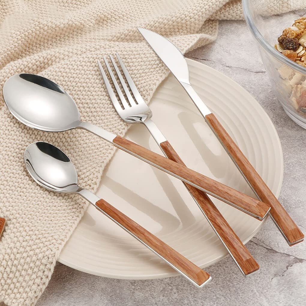 24-Piece Stainless Steel Silverware Set - Elegant Western Cutlery with Imitation Wood Handles, Includes Dinner Knives, Forks & Teaspoons, Perfect for 6-Person Dinner Parties, Weddings & Holiday Gatherings