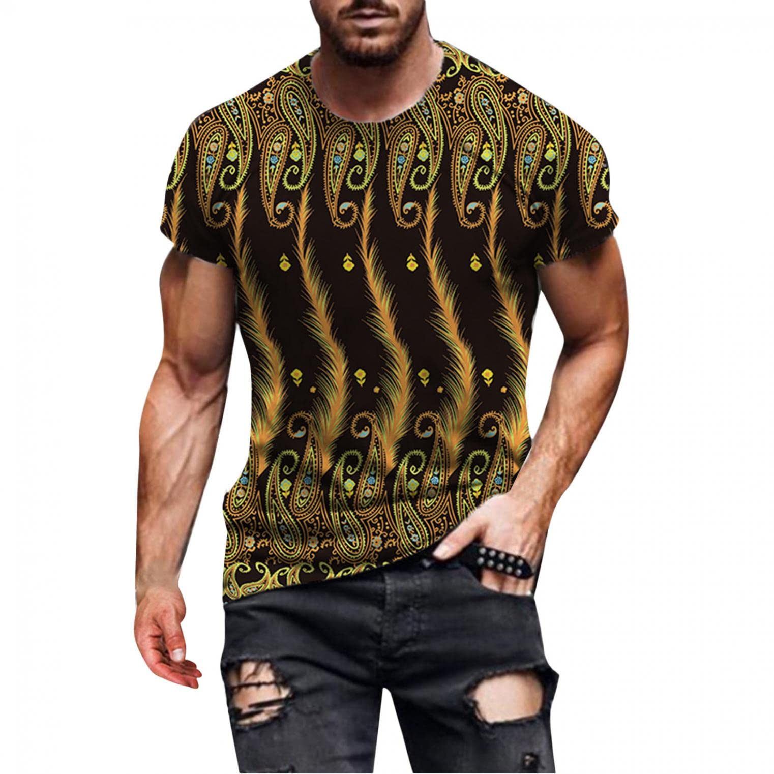 Retro Print Short Sleeve Crew Neck T-Shirts for Men - Loose Fit Gym Shirts & Hipster Graphic Tees - Perfect for Casual Wear, Workouts, and Street Style
