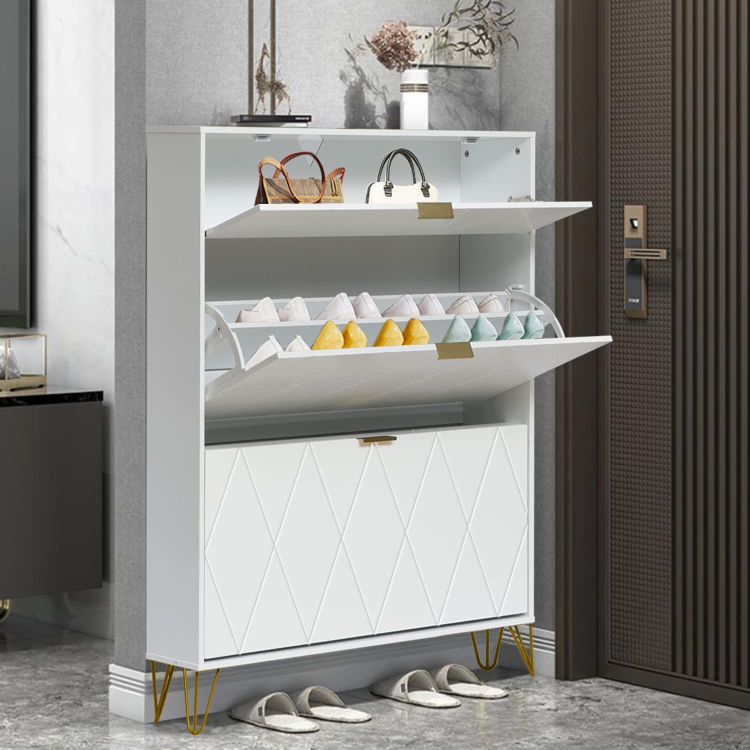 Anbuy Shoe Cabinet - 3-Tier Flip Drawer Shoe Storage Organizer, Freestanding Space-Saving Shoe Rack for Entryway, Hallway & Closet - Modern Narrow Shoe Shelf with Tipping Bucket Design (White) - Perfect for Small Apartments, Mudrooms & Tight Spaces