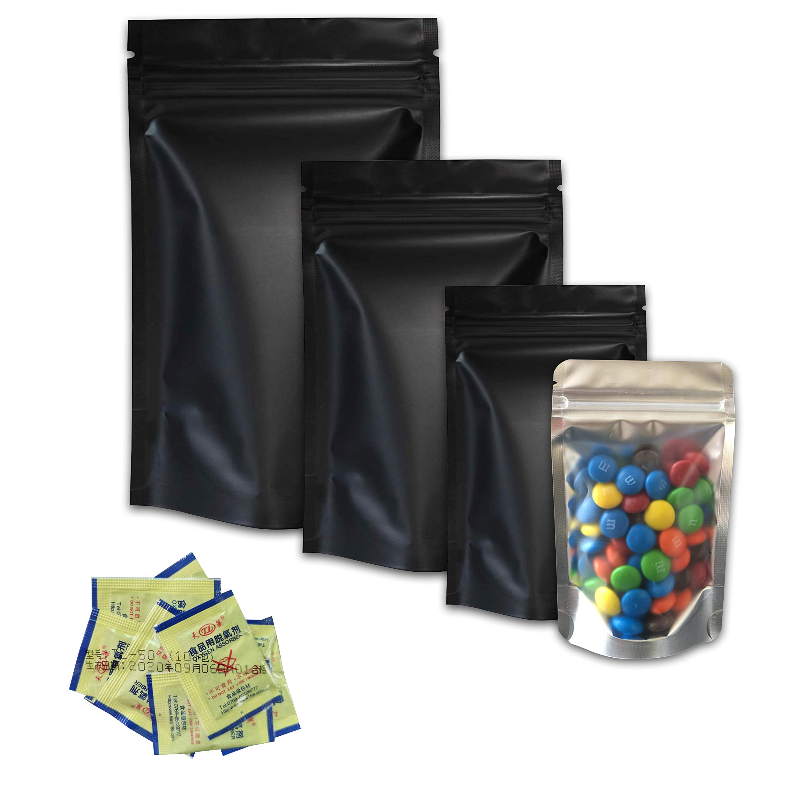 Smell Proof Resealable Mylar Bags with Oxygen Absorbers - 150pc Food Storage Packaging (4 Sizes, Black) | Perfect for Weed Storage, Coffee Preservation & Emergency Food Prep