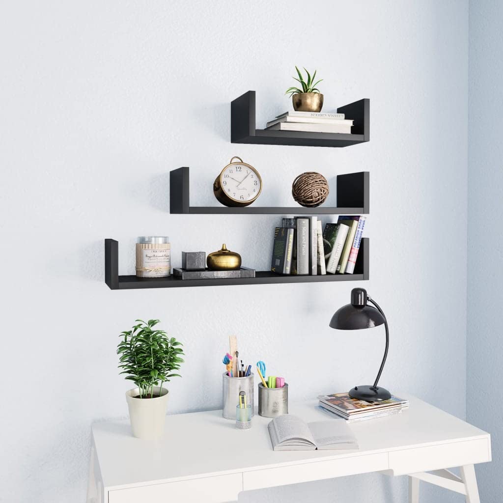 vidaXL Black Engineered Wood Wall Shelves Set of 3 - Modern U-Shaped Floating Shelves for Living Room, Bedroom & Office - Easy Mount Home Storage & Display Solution - Perfect for Books, Photos & Decor