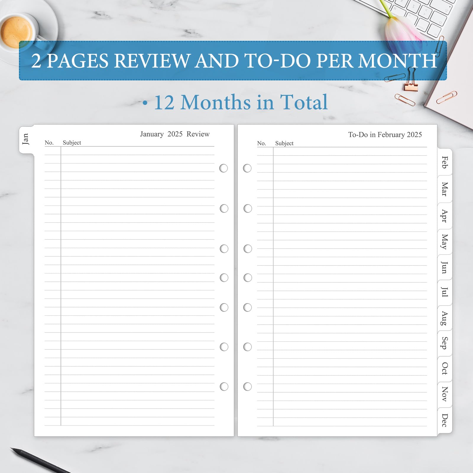 2025 Monthly Planner Refill Inserts - 7 Ring Binder, 12 Month Calendar with Tabs, 5.5