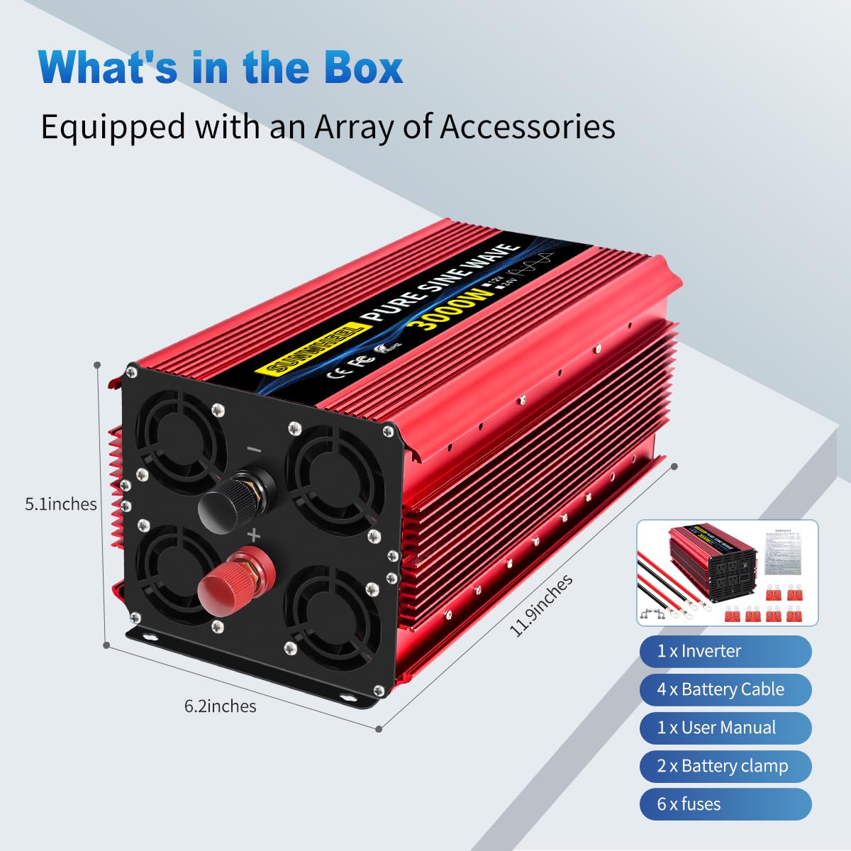 SUNWHEEL 3000W Pure Sine Wave Power Inverter - 24V DC to 110V/120V AC Solar Converter with LCD Display & 4 Outlets for RV, Truck, Home, Camping (Powering Microwave, Refrigerator, AC, TV & More)