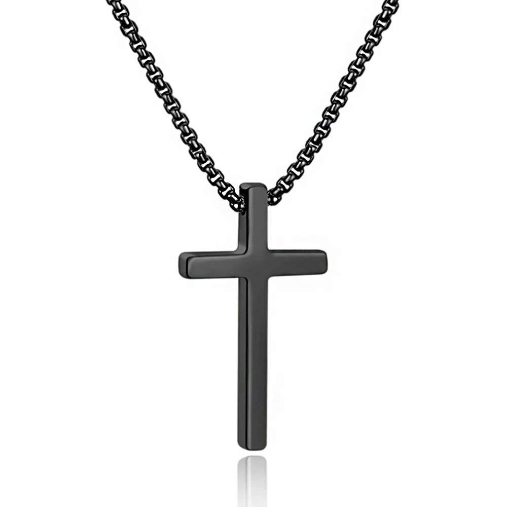 MMOOHAM Men's Cross Necklace - Silver, Black & Gold Stainless Steel Plain Pendant with Adjustable 16-30 Inch Box Chain | Religious Jewelry Gift for Him, Everyday Wear & Special Occasions
