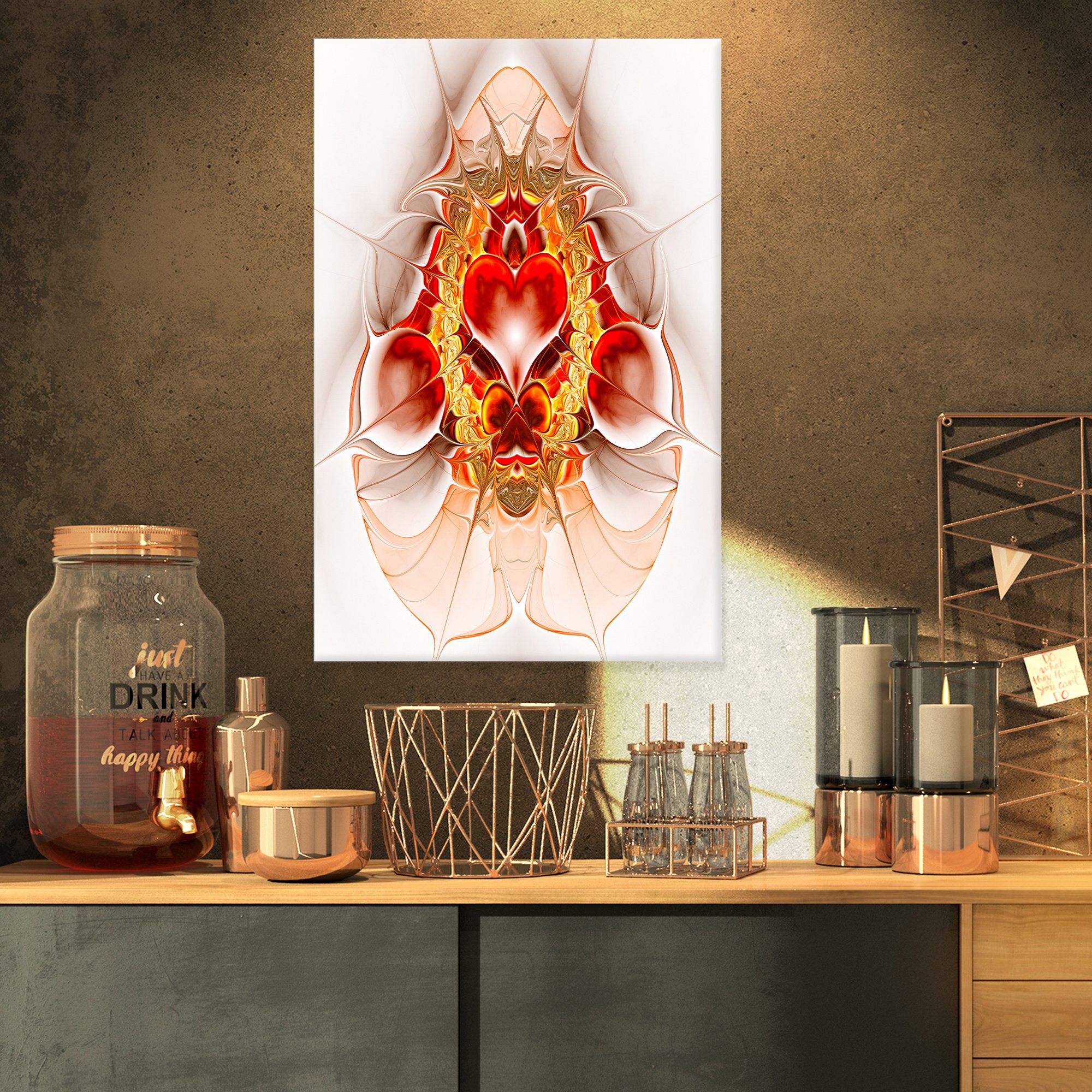 Designart PT12068-16-32 Large Red Symmetrical Fractal Heart Abstract Art Canvas Painting - 16x32 Inches - Modern Wall Decor for Living Room, Bedroom & Office