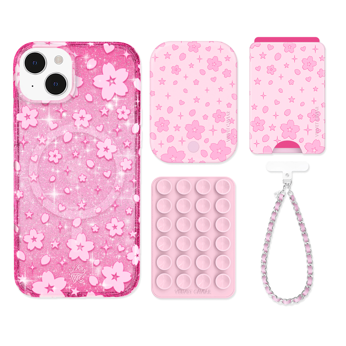 Cherry Blossom Glitter iPhone Case with Wallet - Cute Floral Phone Cover & Card Holder for Women - Perfect for Spring Outfits, Travel, and Everyday Use