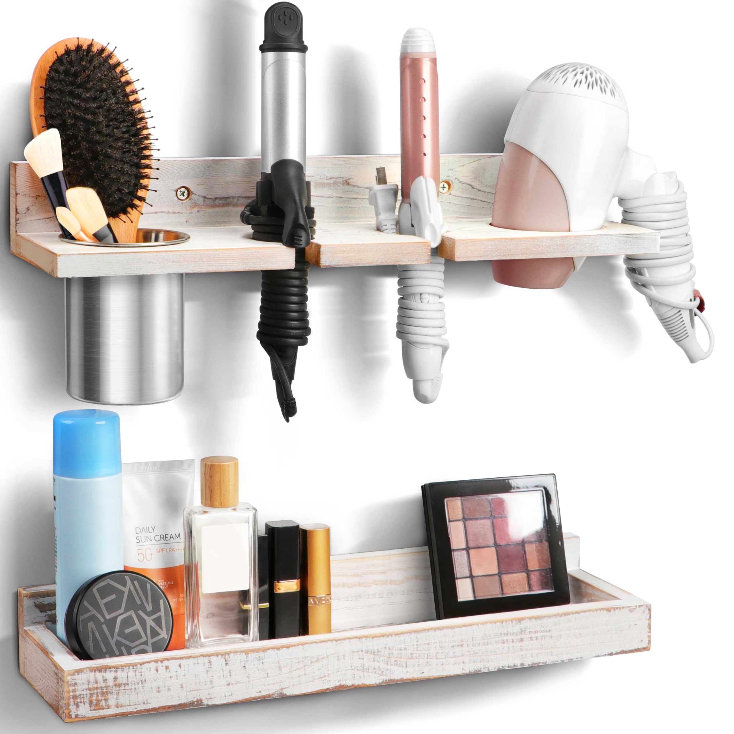 FANGSUN Wall Mount Hair Tool Organizer Set of 2 - Rustic Wooden Blow Dryer Holder for Hair Dryer, Curling Iron & Hot Tools - Bathroom Vanity Storage & Styling Accessories Tray (Perfect for Small Spaces & Salon-Style Organization)