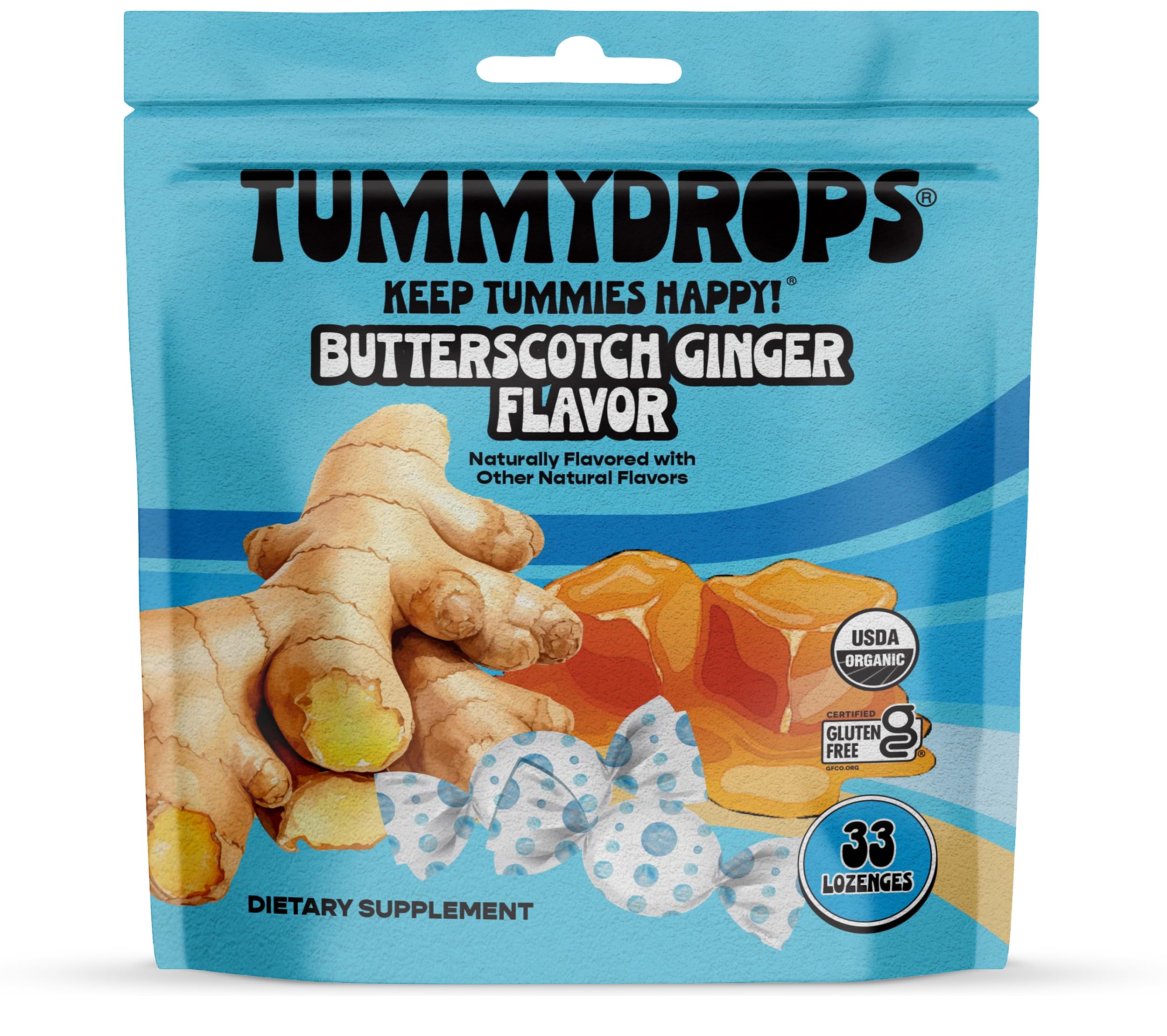 Organic Ginger Lozenges for Digestion - USDA Certified, Gluten Free & Vegan Butterscotch Ginger Flavor Tummydrops (33 Count) - Perfect for Travel, Motion Sickness & Upset Stomach Relief