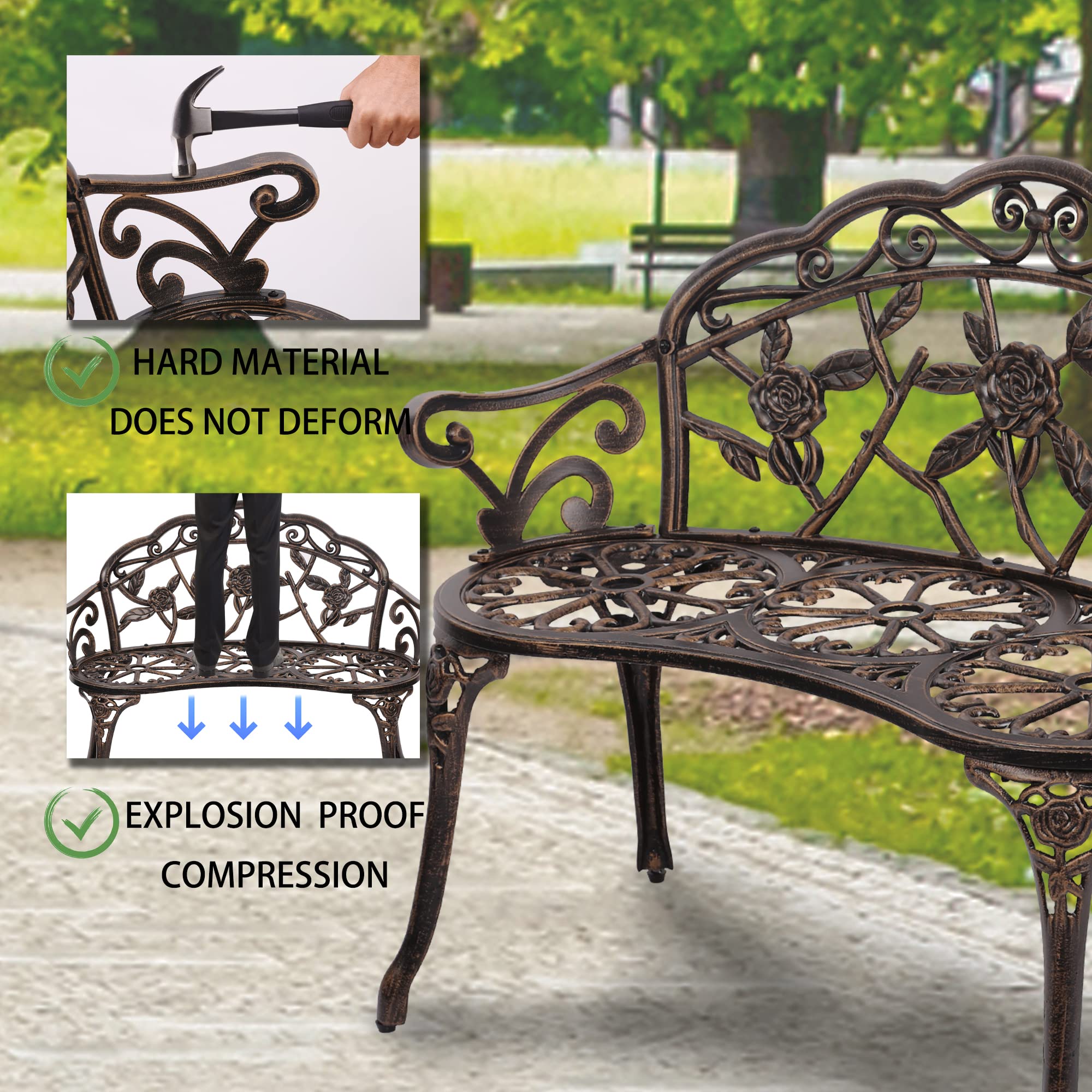 Sturdy Metal Outdoor Bench with Armrests - Elegant Floral Rose Accent Garden Bench for Patio, Porch, Park - Durable Bronze Finish for Indoor/Outdoor Use - Perfect for Relaxing in Gardens, Backyards, and Public Spaces