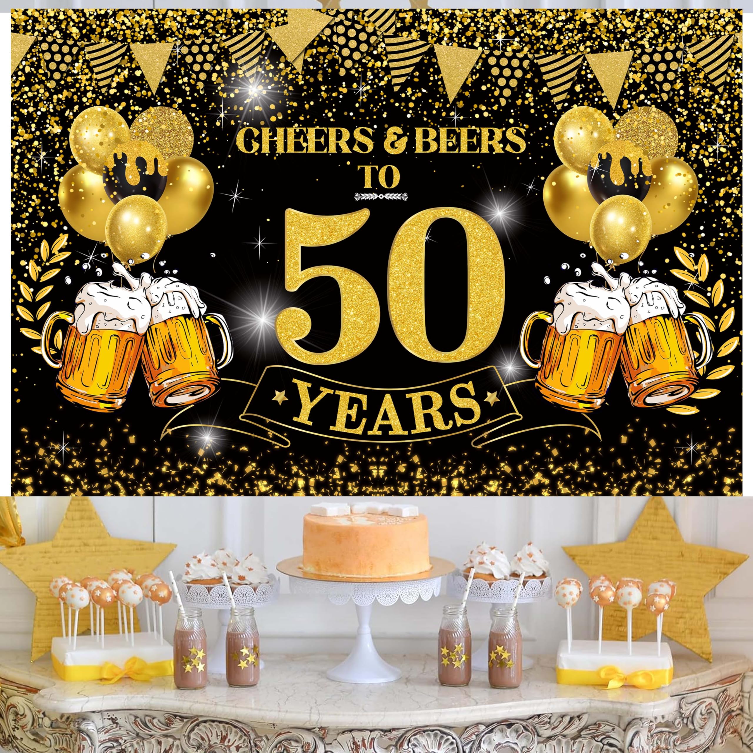 Black and Gold Cheers to 50 Years Banner - 50th Birthday Party Decorations for Men & Women - Happy 50th Birthday Backdrop & Balloons - Perfect for Milestone Celebrations, Retirement Parties, and Anniversary Events