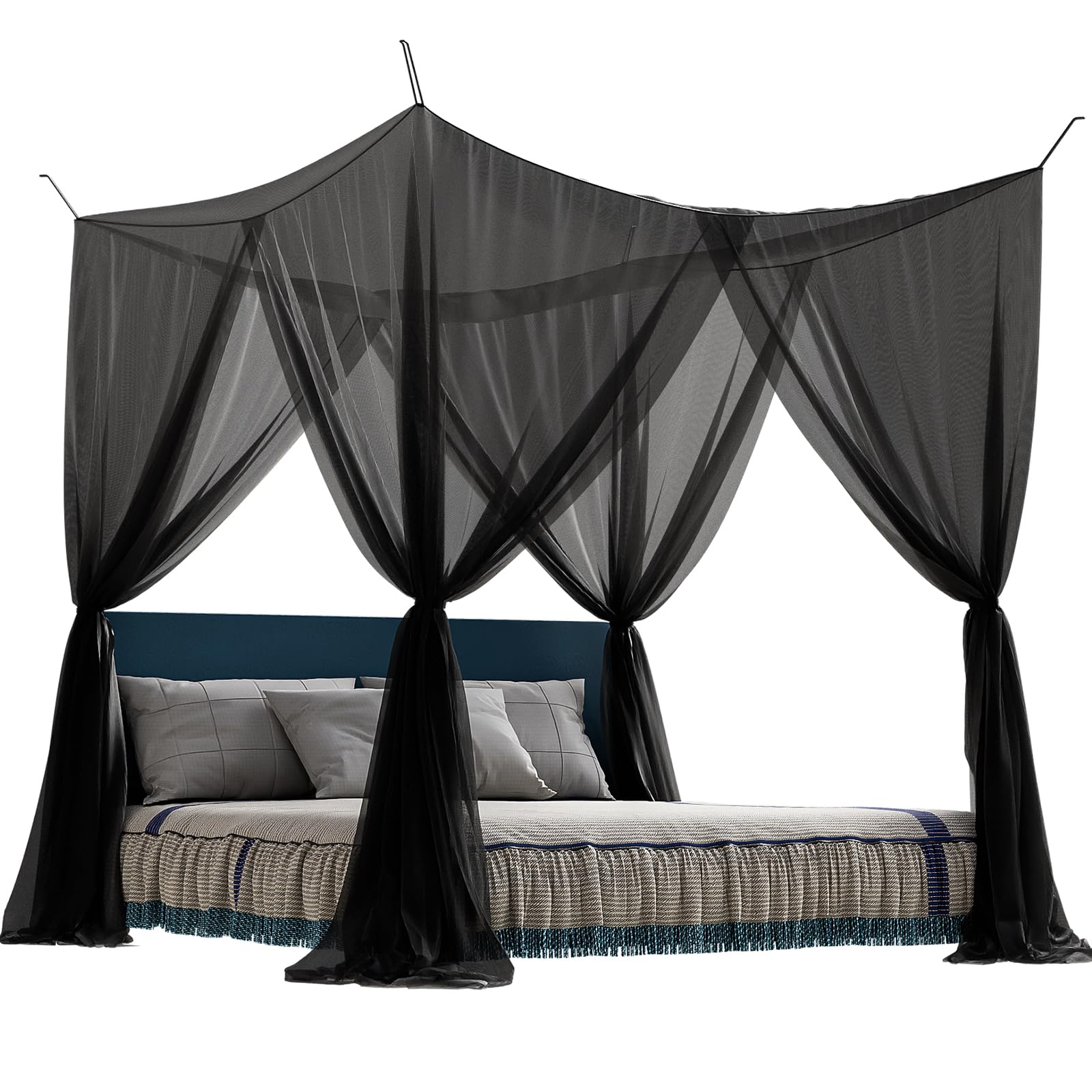 4 Corner Mosquito Net for Bed - Black Canopy Bed Curtains for Full/Queen/King Size Beds | Gothic Style Bed Canopy for Indoor, Outdoor & Patio Use | Perfect for Halloween Decorations & Bedroom Protection