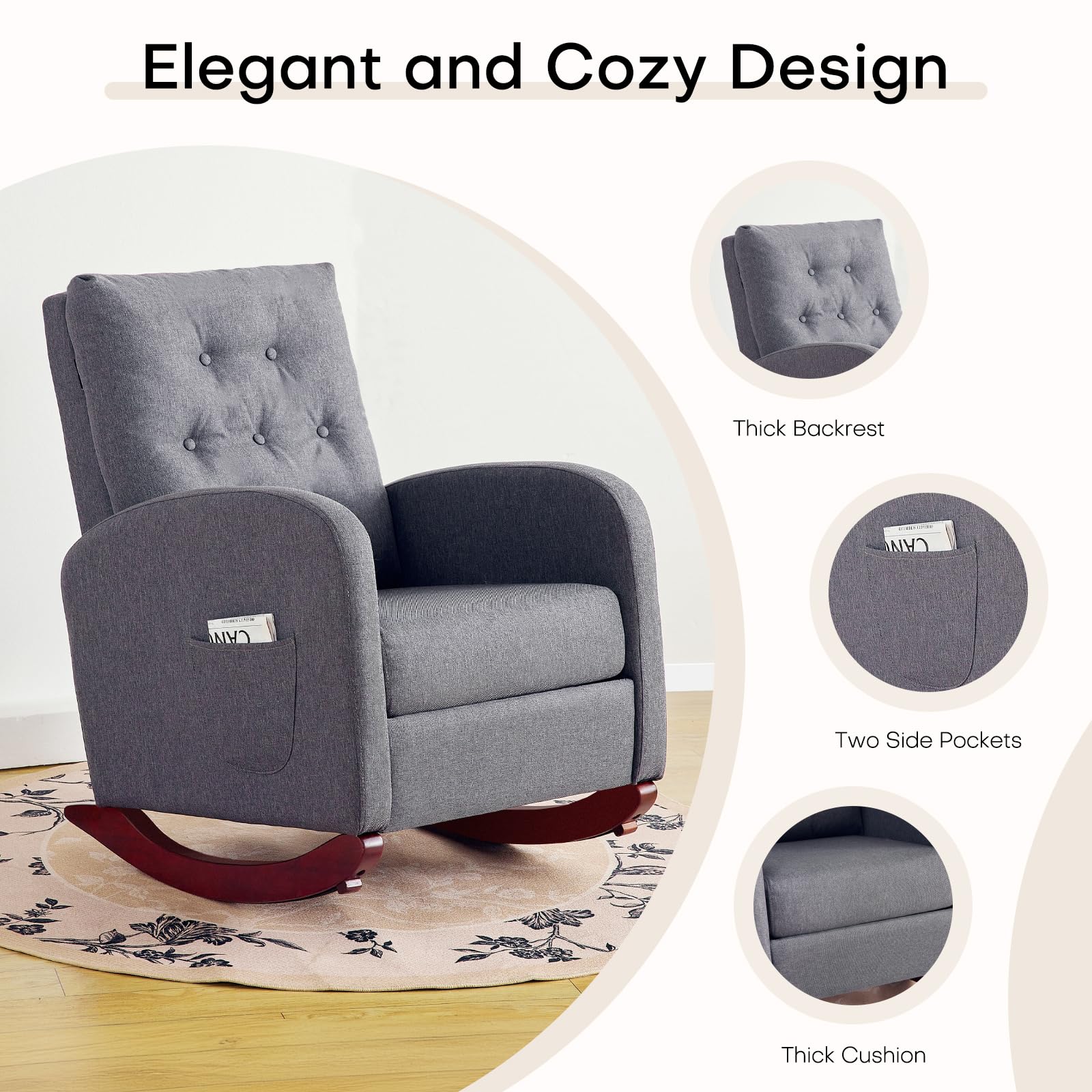 Redlife Rocking Chair Nursery - High Back Linen Upholstered Rocking Chair with Side Pocket for Living Room, Bedroom & Nursery - Comfortable Indoor Rocking Chair (Grey) - Perfect for Nursing, Reading & Relaxing
