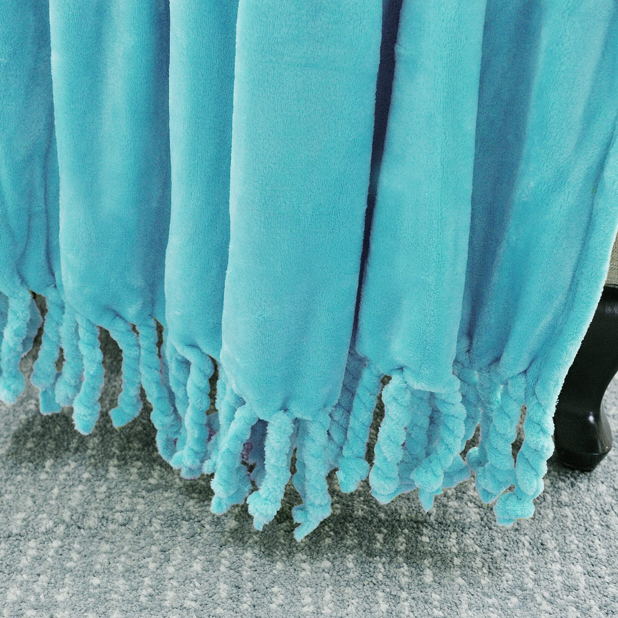 Cozy Flannel Fleece Throw Blanket with Braided Rope Fringe Tassels - Ultra Soft Plush Warm Blanket for Couch, Sofa, Bed & Chair - 50x60 Inch Blue Home Decor - Perfect for Lounging, Movie Nights & Winter Comfort