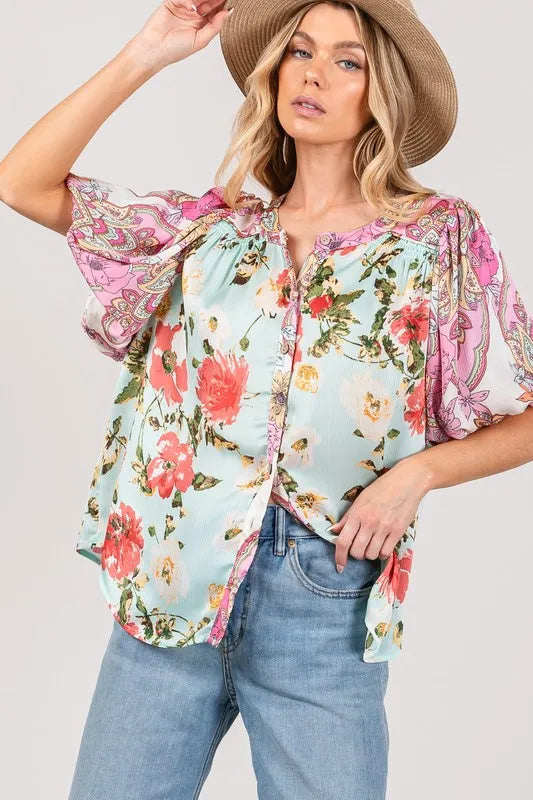 Plus Size Floral Print Mineral Wash French Terry Button Up Shirt for Women - Casual Loungewear & Spring Layering Top