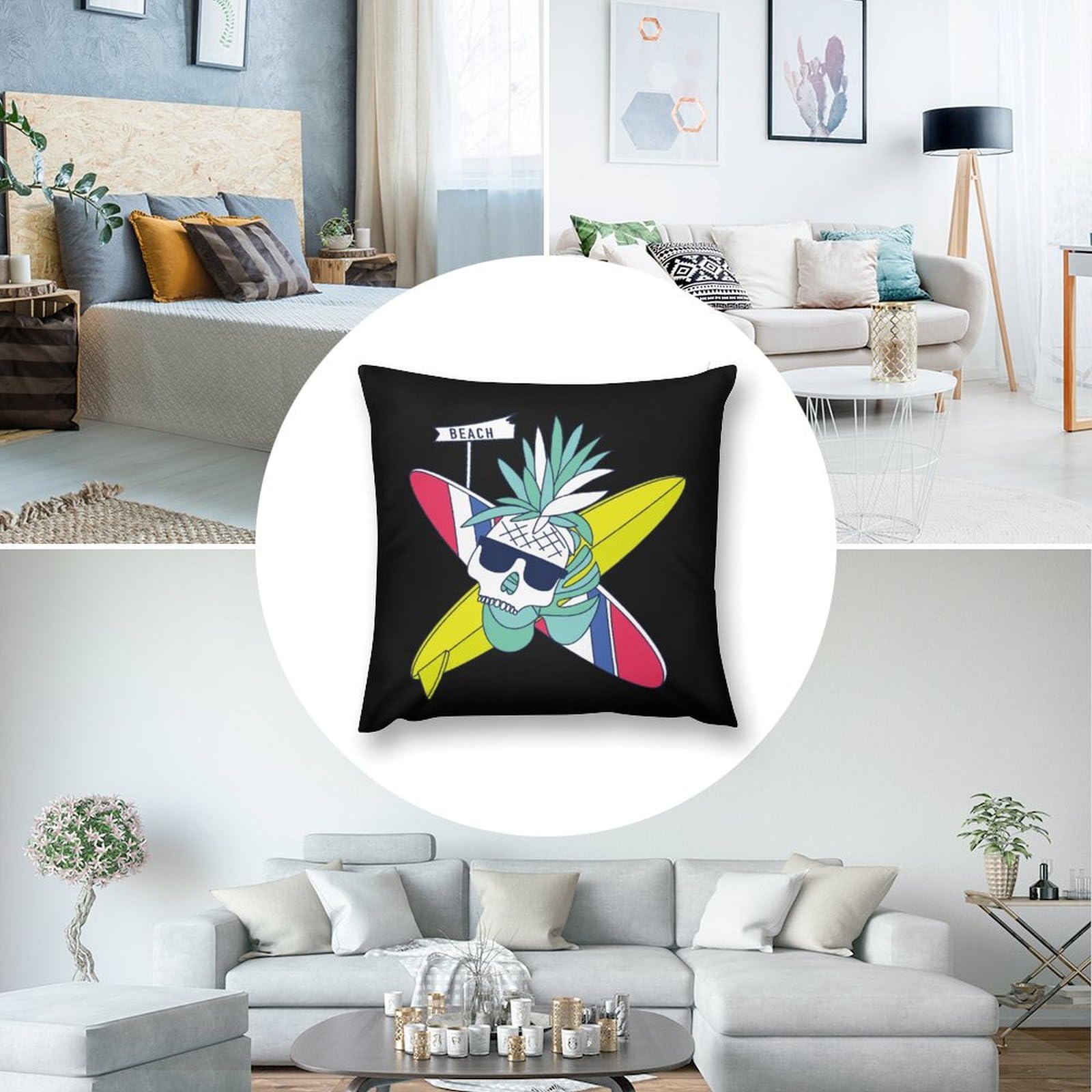 Surfboard Skull Pineapple Plush Pillow Covers - Soft 16x16 Inch Cushion Cases for Sofa, Bed, Dorm (Set of 4) - Tropical Home Decor & Beach House Accessories