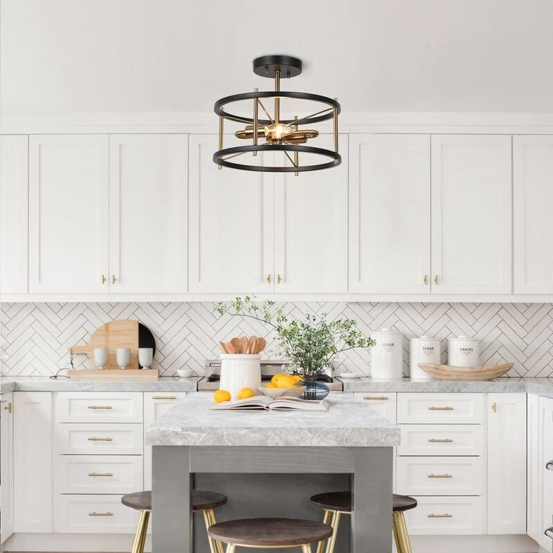 Modern 2-Light Black Gold Metal Drum Semi-Flush Mount Ceiling Light Fixture - 12