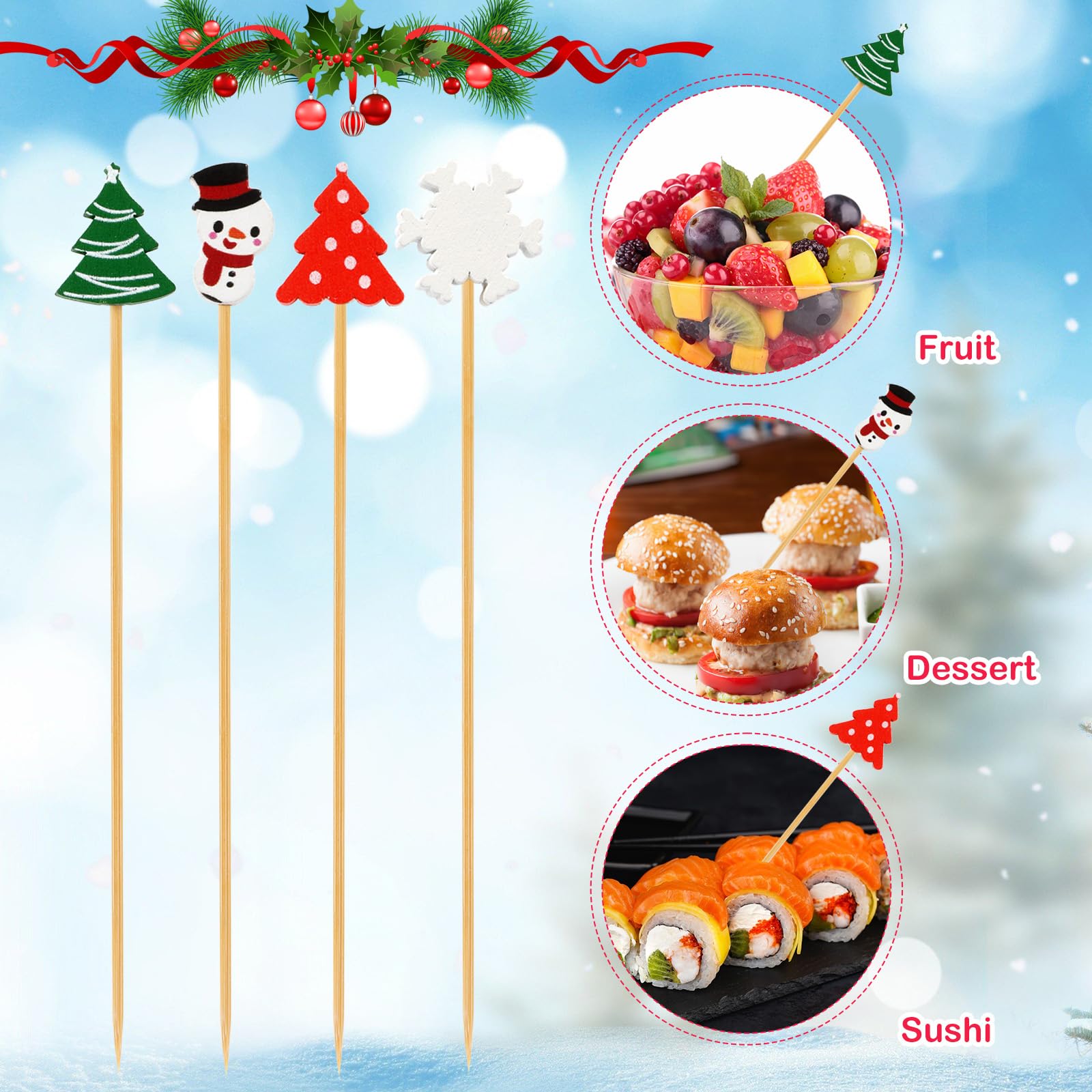 200 Christmas Cocktail Picks - 13cm Bamboo Toothpicks with Tree, Snowflake & Snowman Designs for Drinks, Appetizers, Fruit & Party Food Decoration | Perfect for Holiday Gatherings, Christmas Parties & Festive Entertaining