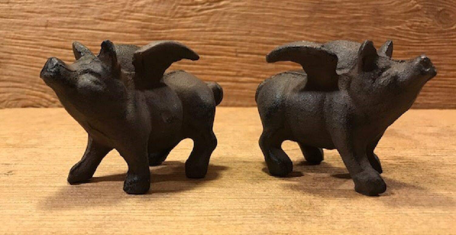 Miniature Cast Iron Flying Pig Paperweight Set of 2 - 1lb Weight, 3.75
