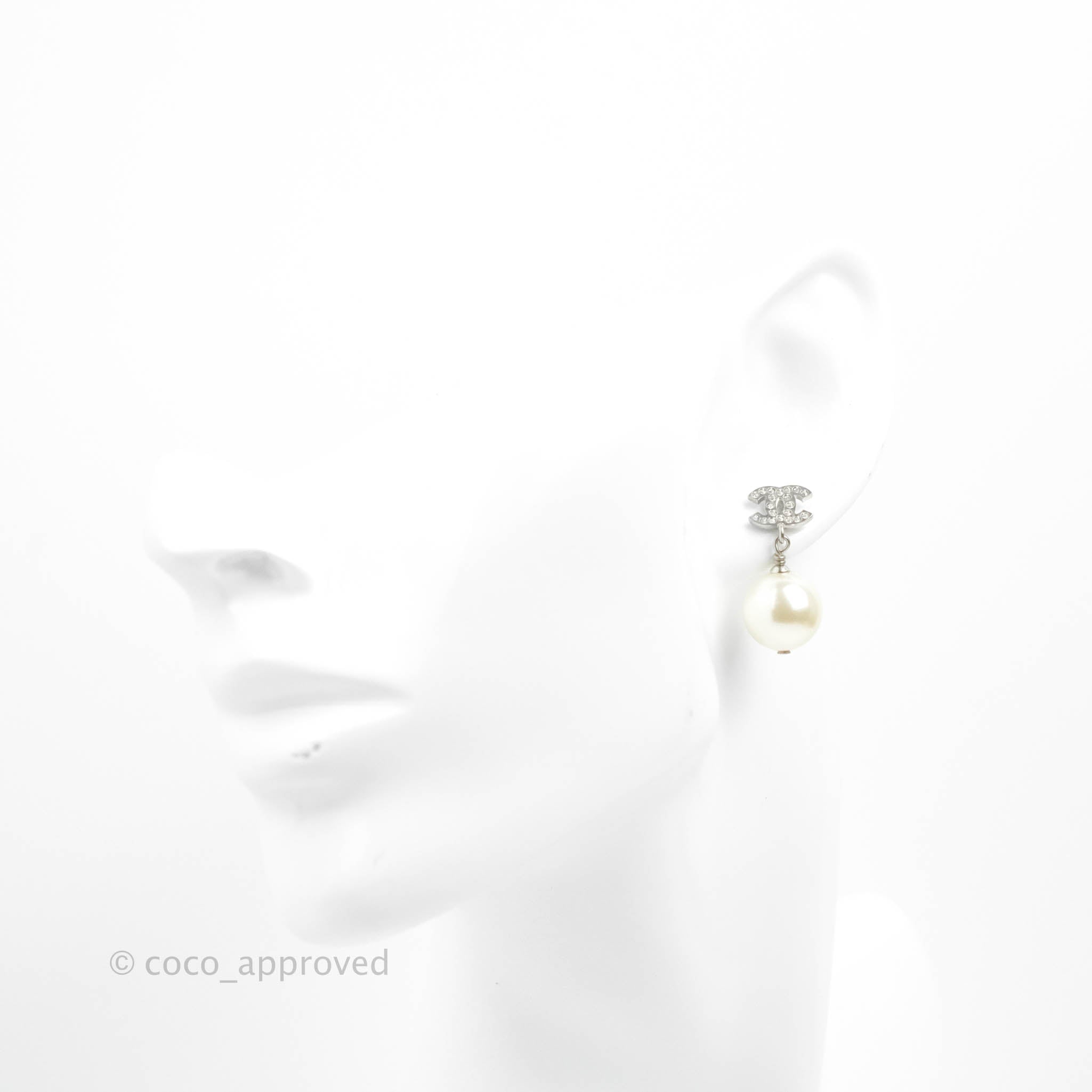 Chanel CC Crystal Pearl Drop Earrings - Silver Tone 23V - Luxury Fashion Jewelry for Women, Perfect for Parties, Weddings & Special Occasions