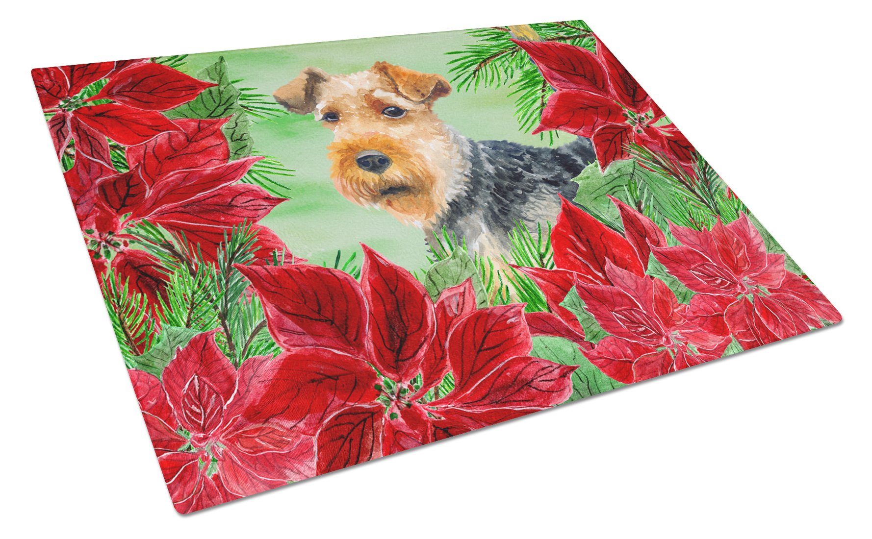 Welsh Terrier Poinsettia Tempered Glass Cutting Board - Large Decorative Kitchen Chopping & Serving Board (12x18 Inch) | Holiday Entertaining, Christmas Decor, Cheese & Charcuterie Display