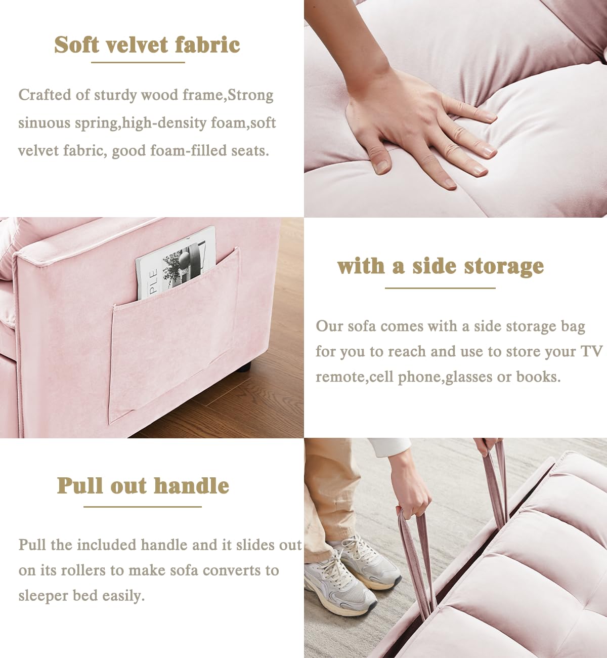 3 in 1 Convertible Velvet Loveseat Futon Couch Bed for Small Spaces - Pull Out Sofa Bed with Adjustable Backrest & Lumbar Pillows, Pink Velvet Upholstery | Perfect for Studio Apartments, Guest Rooms & Cozy Living Spaces