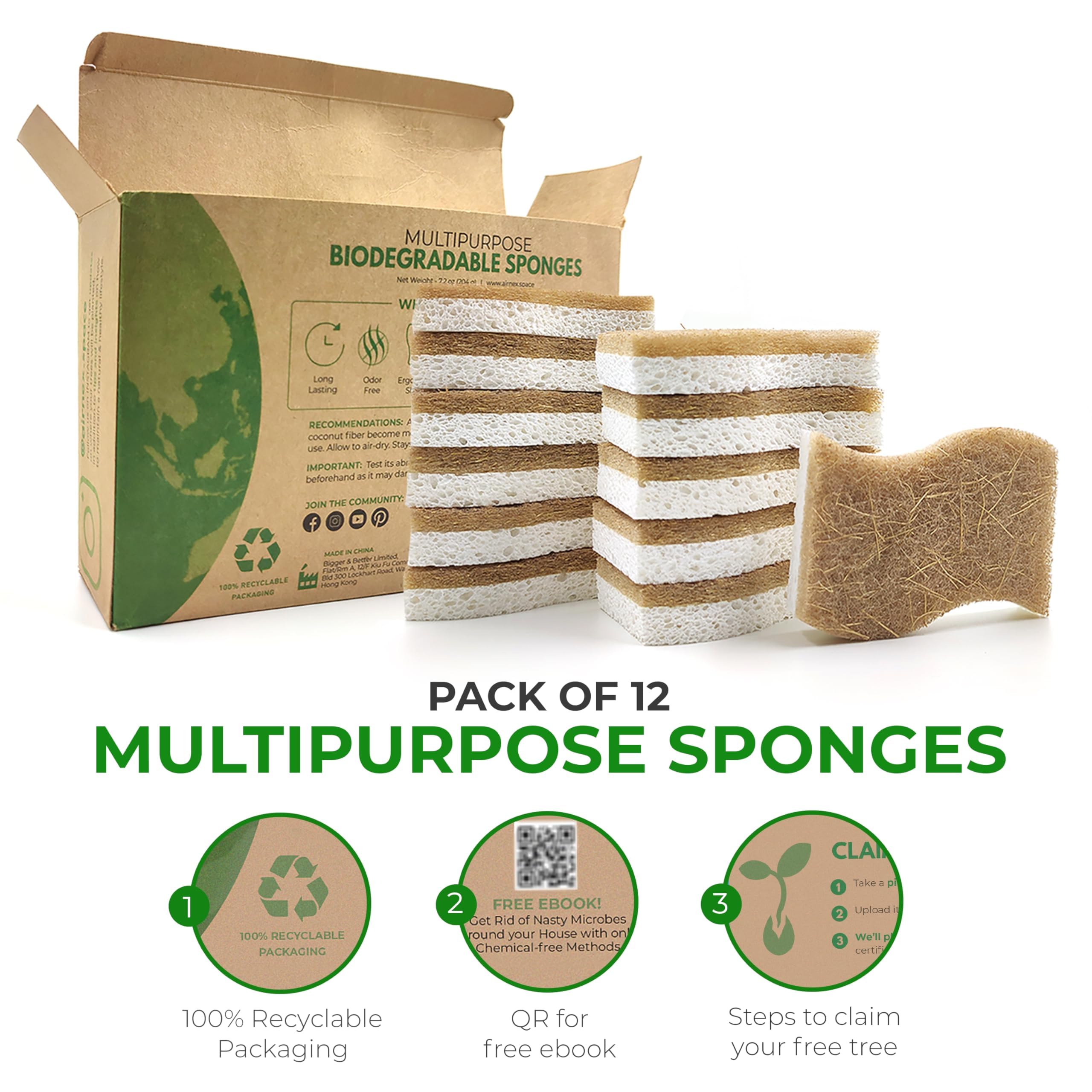 Eco-Friendly Biodegradable Kitchen Sponges - 12 Pack Compostable Cellulose & Coconut Scrub Sponges for Dishes, Pots & Pans - Natural Cleaning Sponge for Sustainable Home & Zero Waste Kitchen