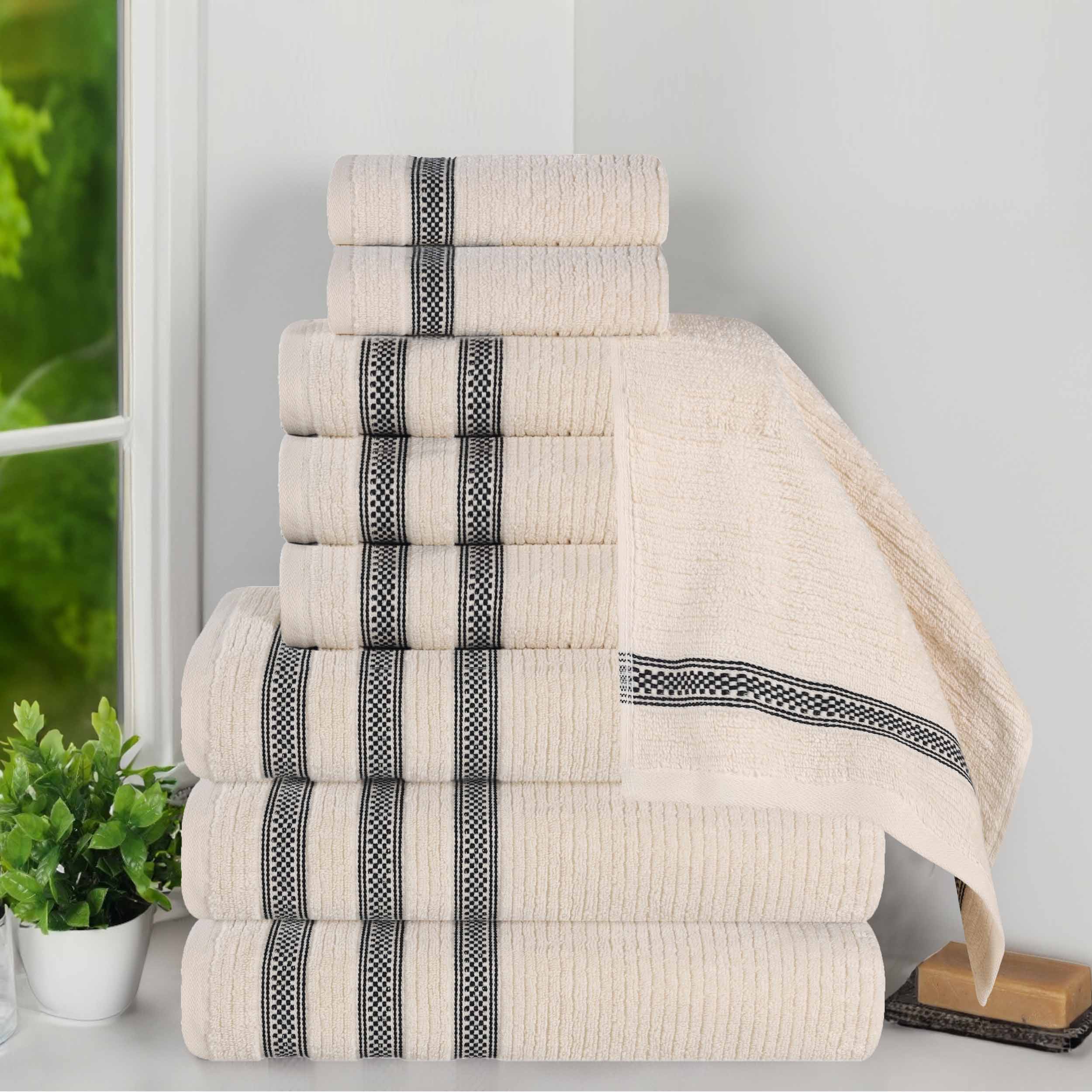 Zero Twist Cotton Ribbed Geometric Border Plush 9-Piece Towel Set | Ultra Soft Bath & Beach Towels for Spa, Pool & Home Use