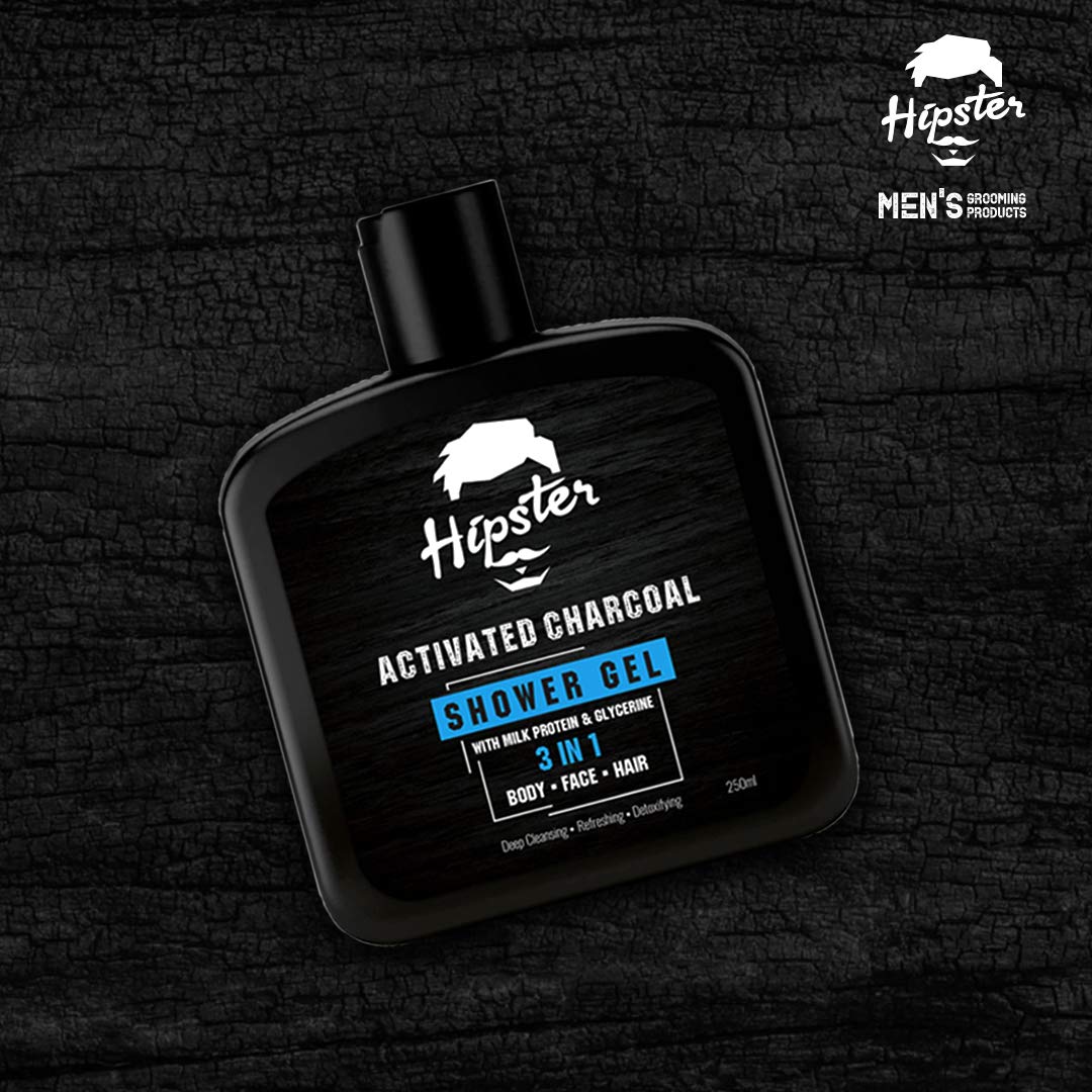 Activated Charcoal 3-in-1 Body Wash & Shower Gel (250ml) - Deep Cleansing for Face, Hair & Body with Charcoal, Milk Protein & Glycerin | Includes Free Loofah | Made in India | Perfect for Detoxifying Skin & Removing Impurities