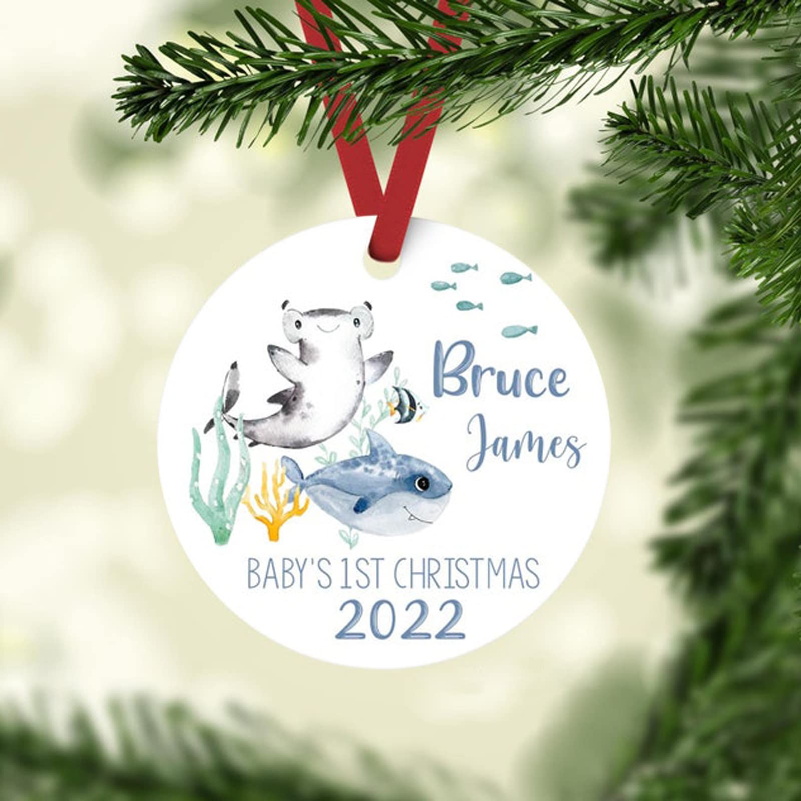 Personalized Shark Baby First Christmas Ornament - Custom Baby Boy Holiday Keepsake - Unique Kids Christmas Gift for Newborns & Toddlers - Perfect for Tree Decor, Baby's First Christmas Photo Props & Family Keepsakes