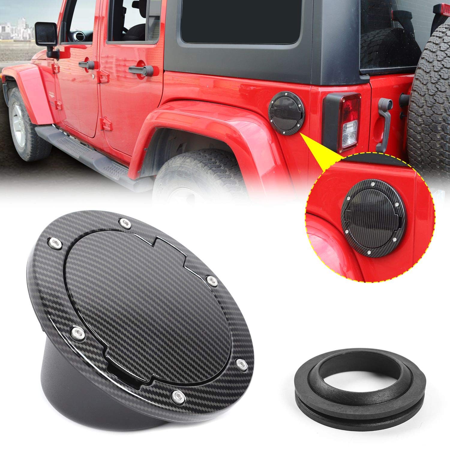 JeCar Aluminum Alloy Fuel Door Cover with Carbon Fiber Texture - Exterior Accessory for 2007-2018 Jeep Wrangler JK & Unlimited | Durable Gas Cap Protector for Off-Road Adventures & Daily Driving