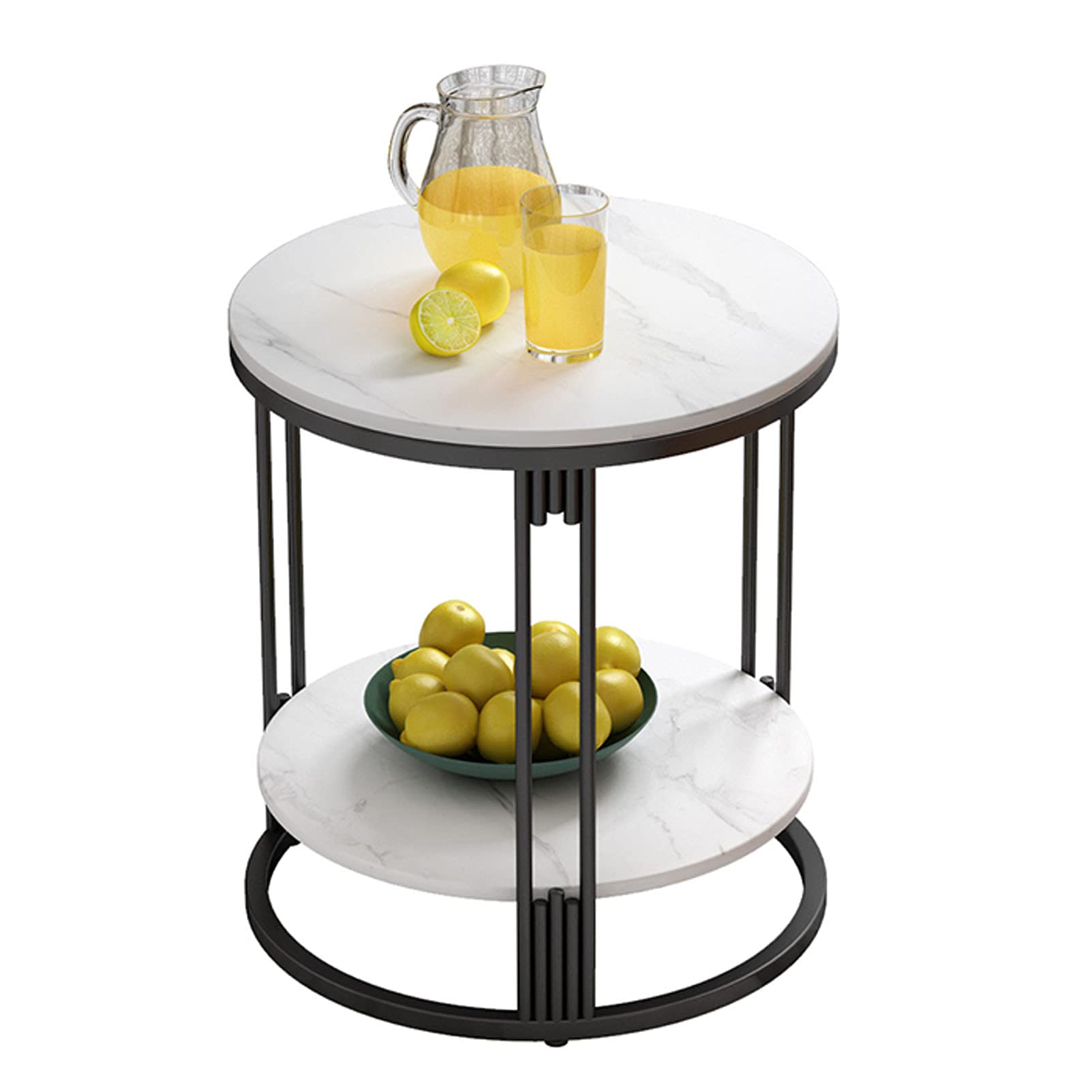Modern Round End Table with 2-Tier Storage Shelf - Rock Slab Look Accent Metal Frame Nightstand or Coffee Table (Black+White) - Perfect for Living Room, Bedroom, or Office Decor