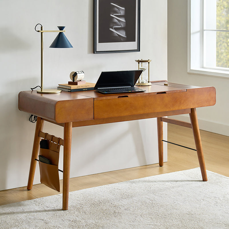 Mid Century Modern Home Office Desk with 2 USB Power Outlets - Stylish Writing Desk for Small Spaces, Remote Work & Study
