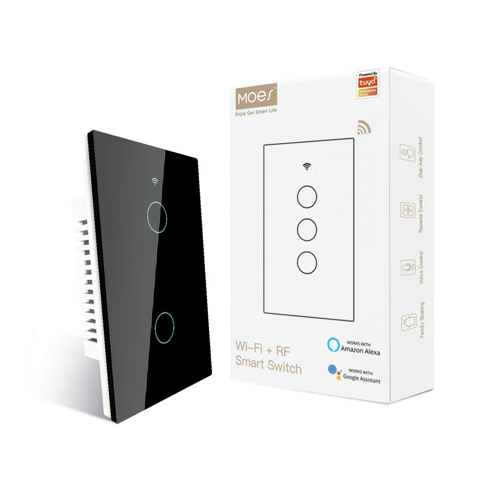 MOES Smart Light Switch - No Neutral Wire Required, 2.4GHz WiFi & RF433, Compatible with Alexa, Google Home, Smart Life/Tuya App - Single Pole Black 2 Gang with Capacitor - Perfect for Home Automation and Smart Lighting Control