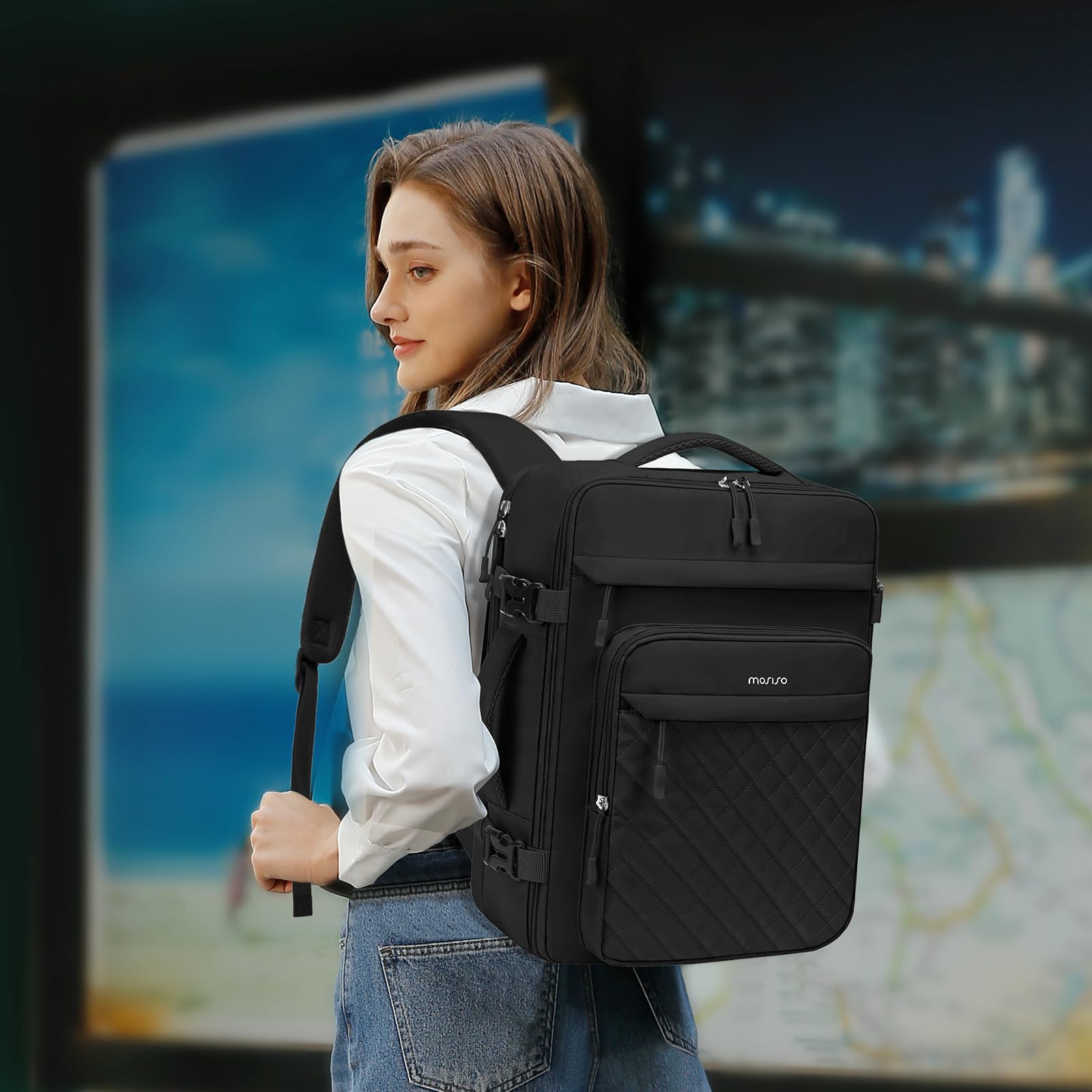 MOSISO 15.6 Inch Laptop Backpack for Women & Men - Flight Approved Carry-On Daypack with USB Charging Port & Packing Cubes - Waterproof Travel Backpack for College, Work & Business (Black) | Perfect for Commuting, Air Travel & Daily Office Use