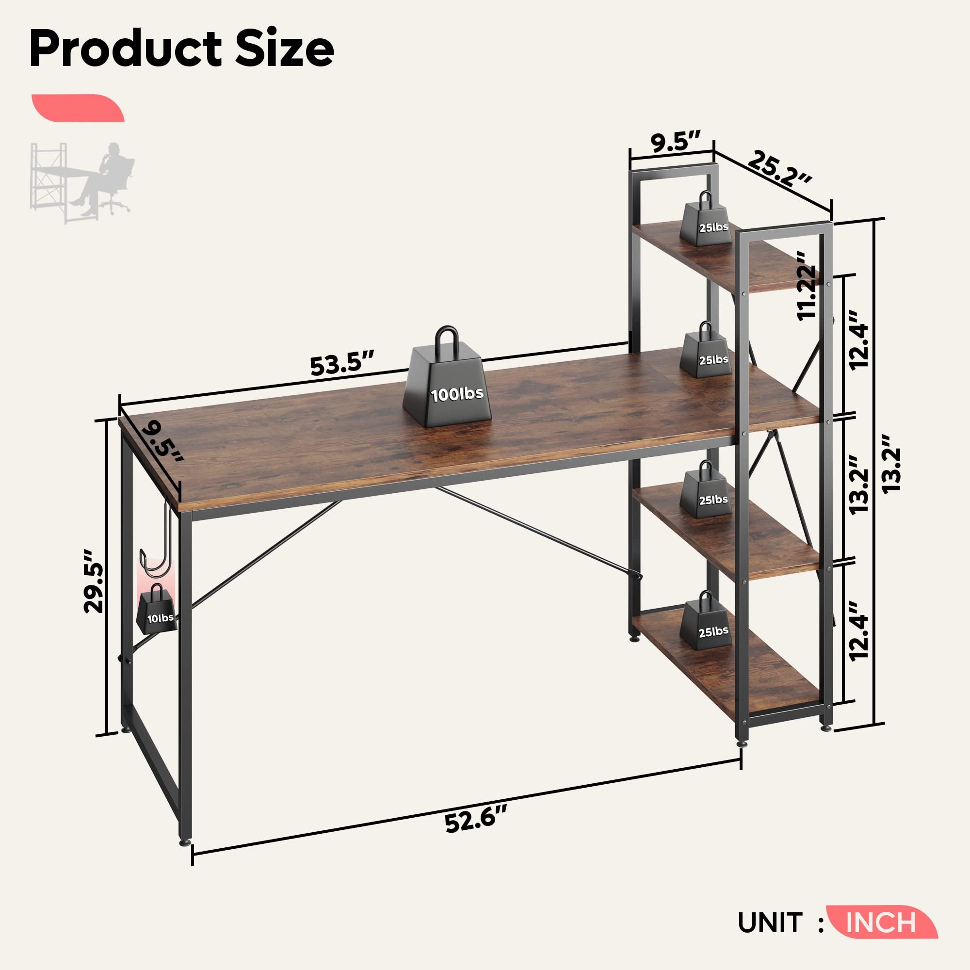 Bestier 63 Inch Computer Desk with Adjustable Shelves - Rustic Brown Writing Desk with Reversible Bookshelf & Sturdy Metal Legs for Home Office, Studio, Gaming & Remote Work Setup