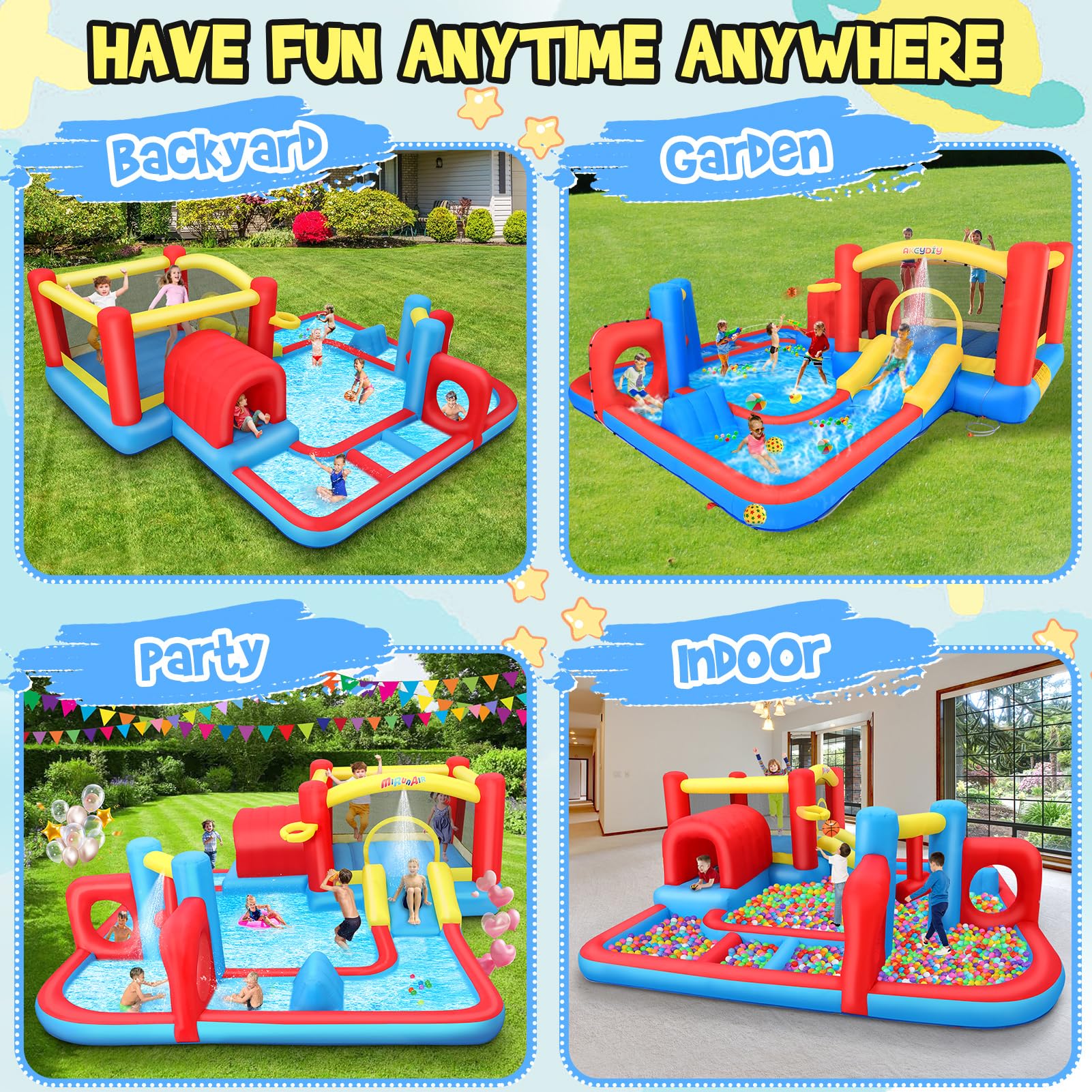 Whubefy 14.3x14.3Ft Inflatable Water Slide Bounce House for Kids Ages 3-12 | Large Backyard Water Park with Obstacle Course, Pool & Sprinkler | Perfect for Summer Parties, Birthdays & Outdoor Family Fun