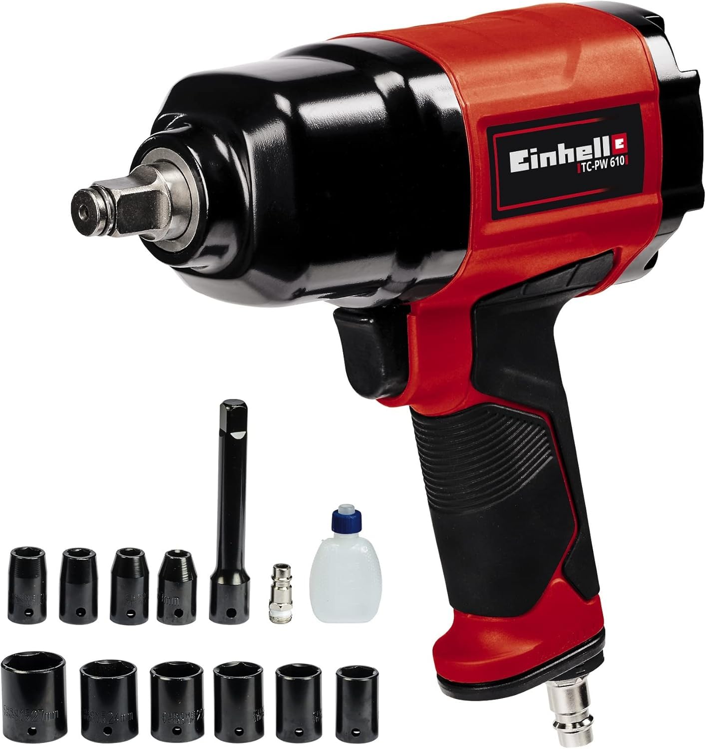 Einhell TC-PW 610 Pneumatic Impact Wrench Kit - 610Nm Max Torque, Includes 10 Sockets, Oil Bottle, Nozzle & 125mm Extension - Perfect for Automotive Repair & Heavy-Duty Mechanical Work