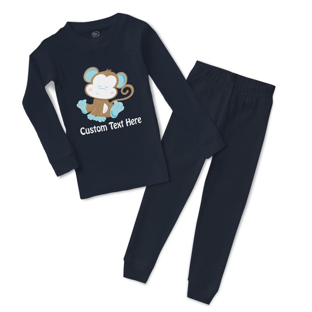 Custom Baby Boy & Girl Cotton Toddler Pajama Set - Monkey Blue Safari Print Sleepwear - Snug Fit Navy Pajamas - Personalized Name Option - 18 Months - Perfect for Bedtime & Nursery Photos