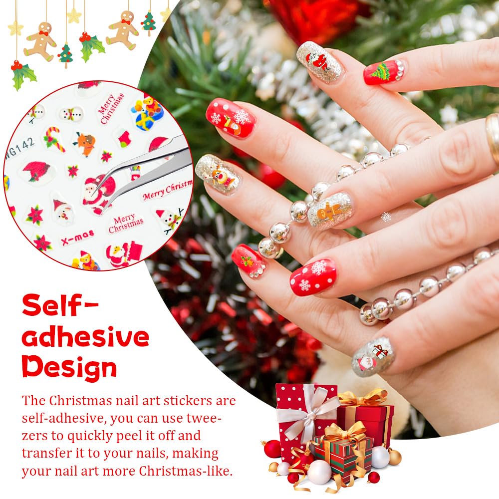 Christmas Nail Art Stickers - 13 Sheets Winter Snowflake/Santa/Reindeer Nail Decals - Self-Adhesive Nail Stickers for Women & Girls - Perfect for Holiday Parties & DIY Manicures