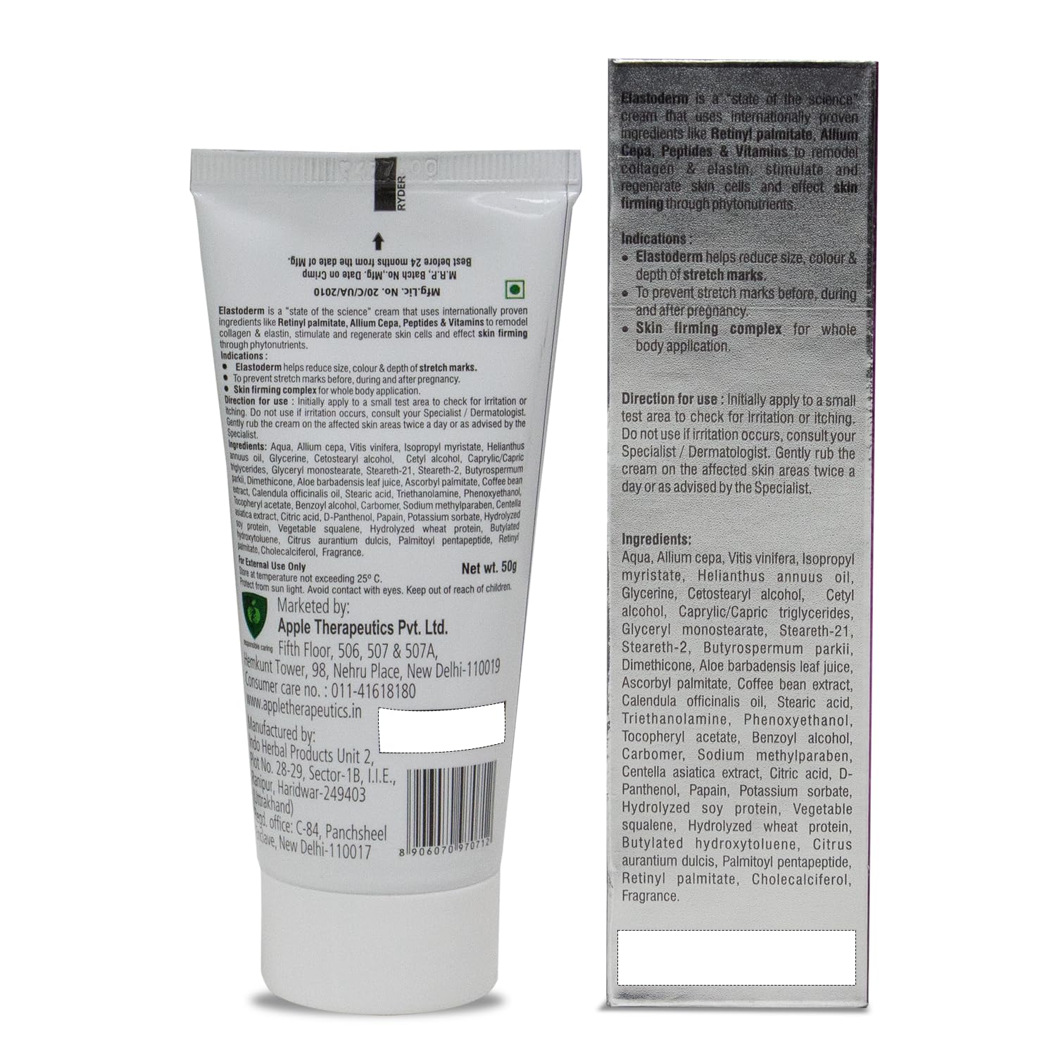 APPLE THERAPEUTICS Elastoderm Stretch Marks Cream - Reduce Pregnancy & Postpartum Stretch Marks & Scars | Dermatologist-Tested for All Skin Types | Peptides & Vitamins Enriched | 50g | Perfect for Daily Skincare Routine & Post-Pregnancy Care