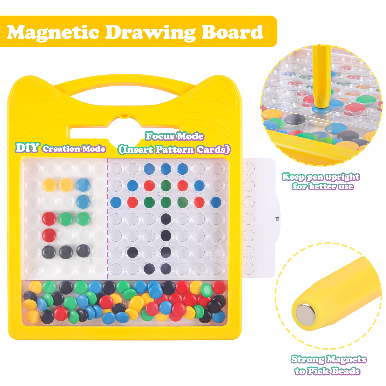 Magnetic Drawing Board for Kids - Toddler Magnet Doodle Board with 2 Pens, Dot Art Educational Toy for Fine Motor Skills Development | Travel Essential for Airplane, Car Rides & Home Play (Yellow Cat Design)