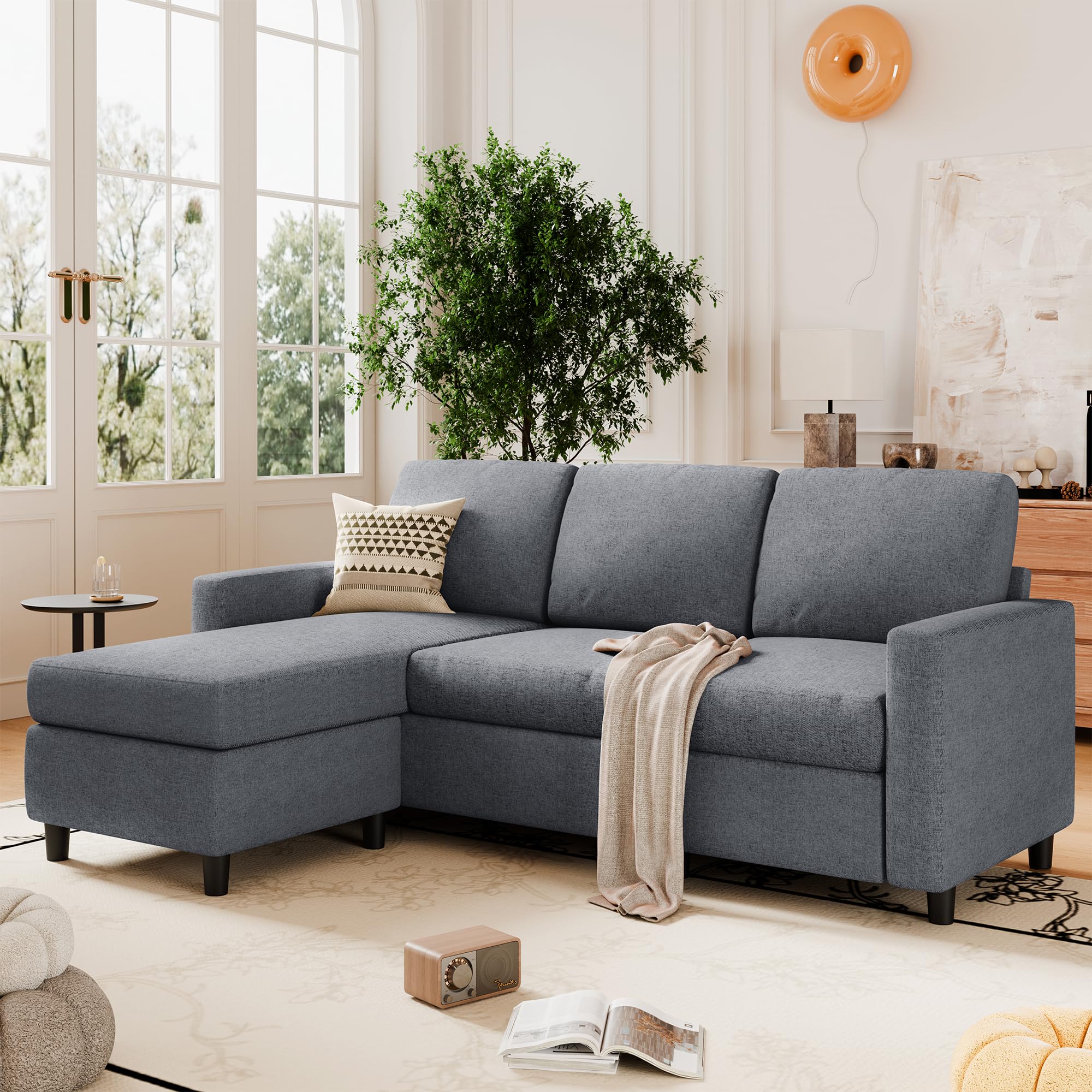 Modern L-Shaped Sectional Sofa with Reversible Chaise - Convertible Linen Fabric Couch for Small Spaces & Living Rooms (Dark Grey) | Perfect for Apartments, Condos & Cozy Home Decor
