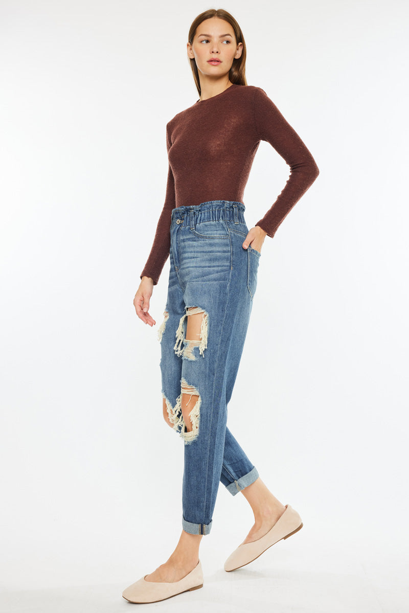 Darel Ultra High Rise Paperbag Mom Jeans for Women - Vintage Retro Stretch Denim Pants with Elastic Waistband | Perfect for Casual Outfits, Streetwear & Everyday Wear